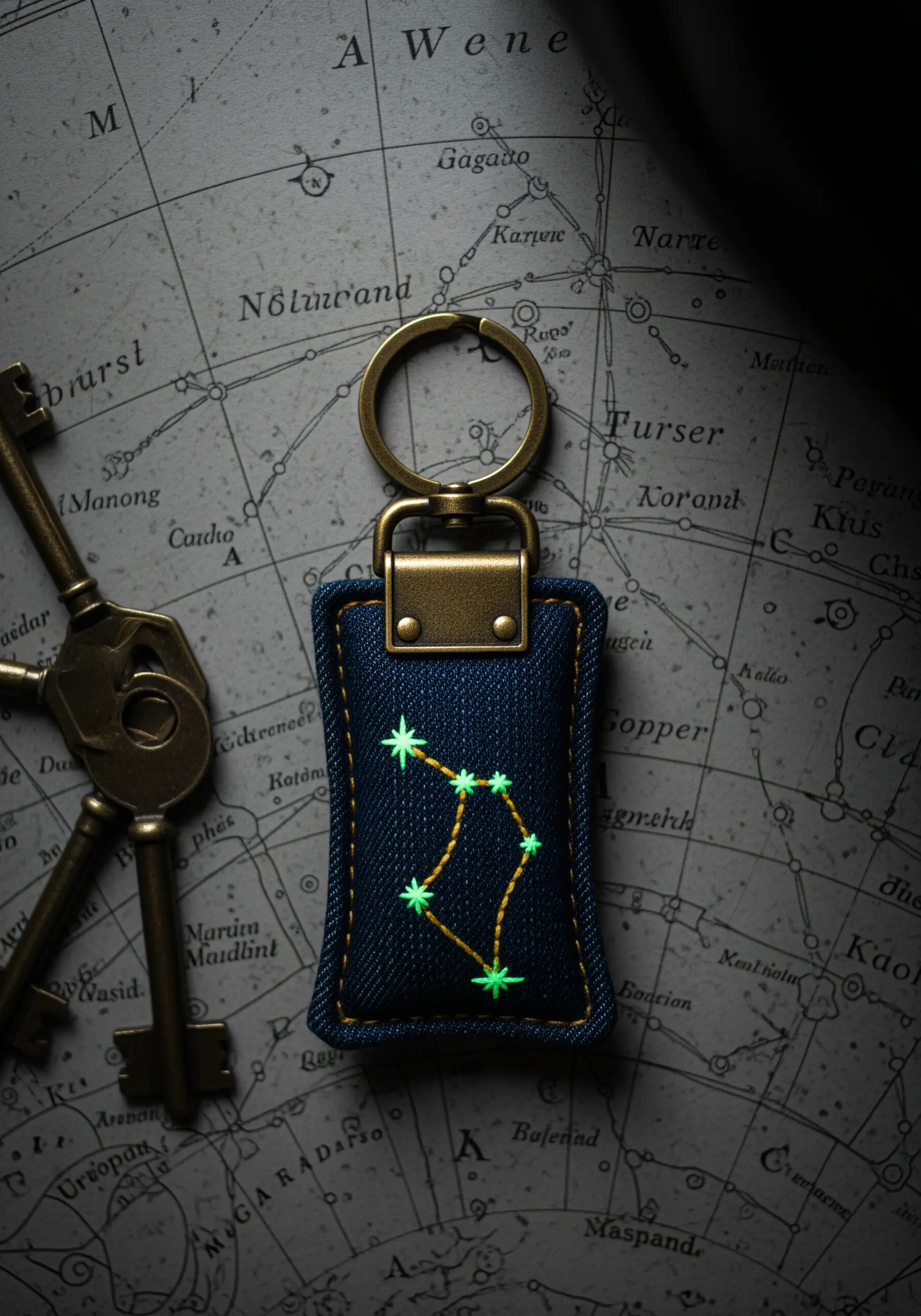 A denim keychain embroidered with a constellation using glow-in-the-dark thread