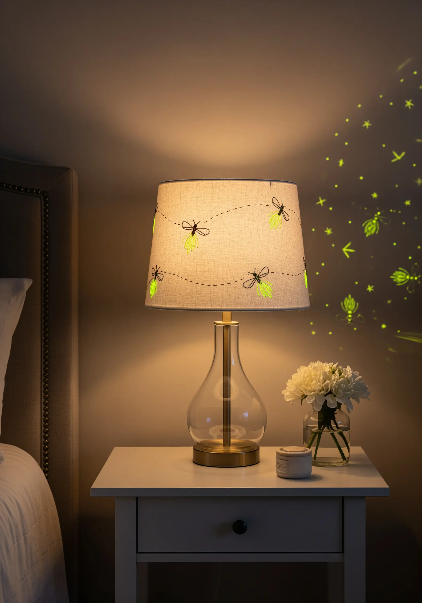 A linen lampshade embroidered with fireflies that glow in the dark, projecting light onto the wall.