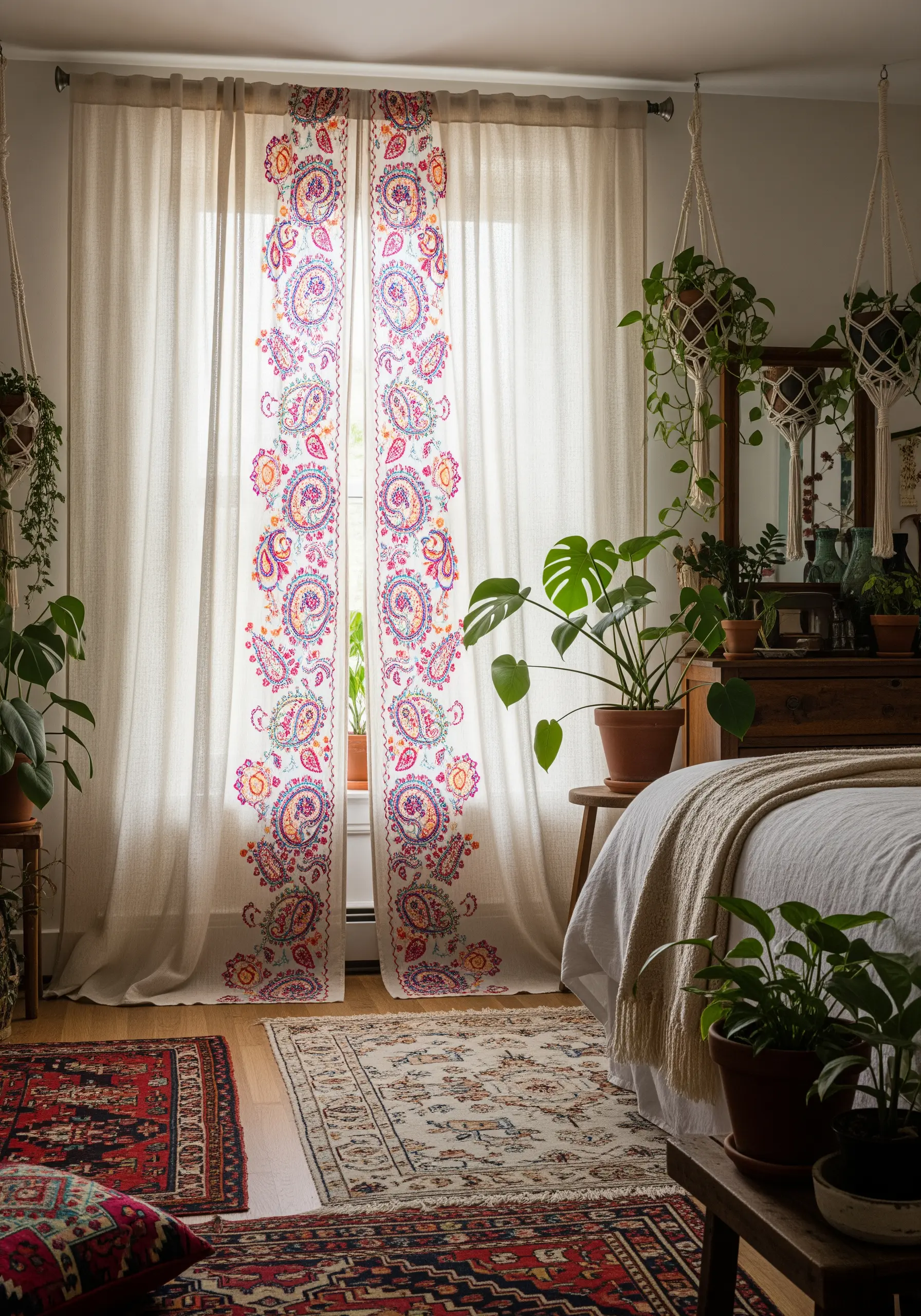 Colorful paisley embroidery running down the center of sheer white curtains.