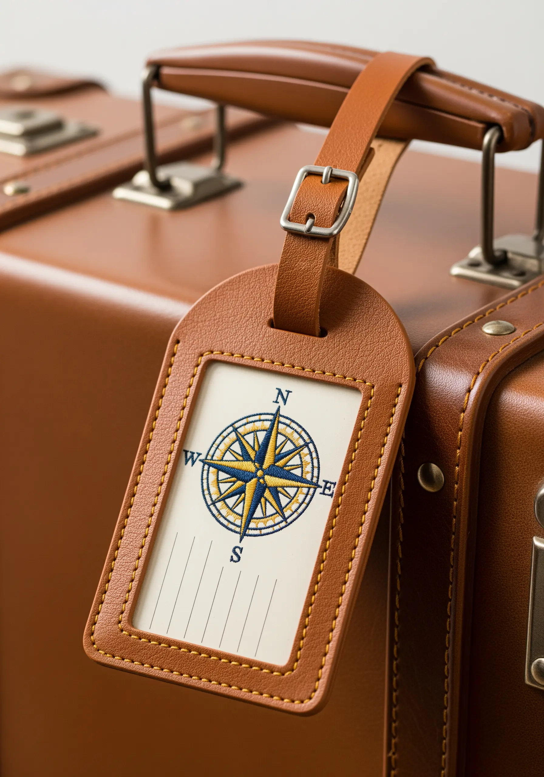 A leather luggage tag with an embroidered compass rose on its paper insert