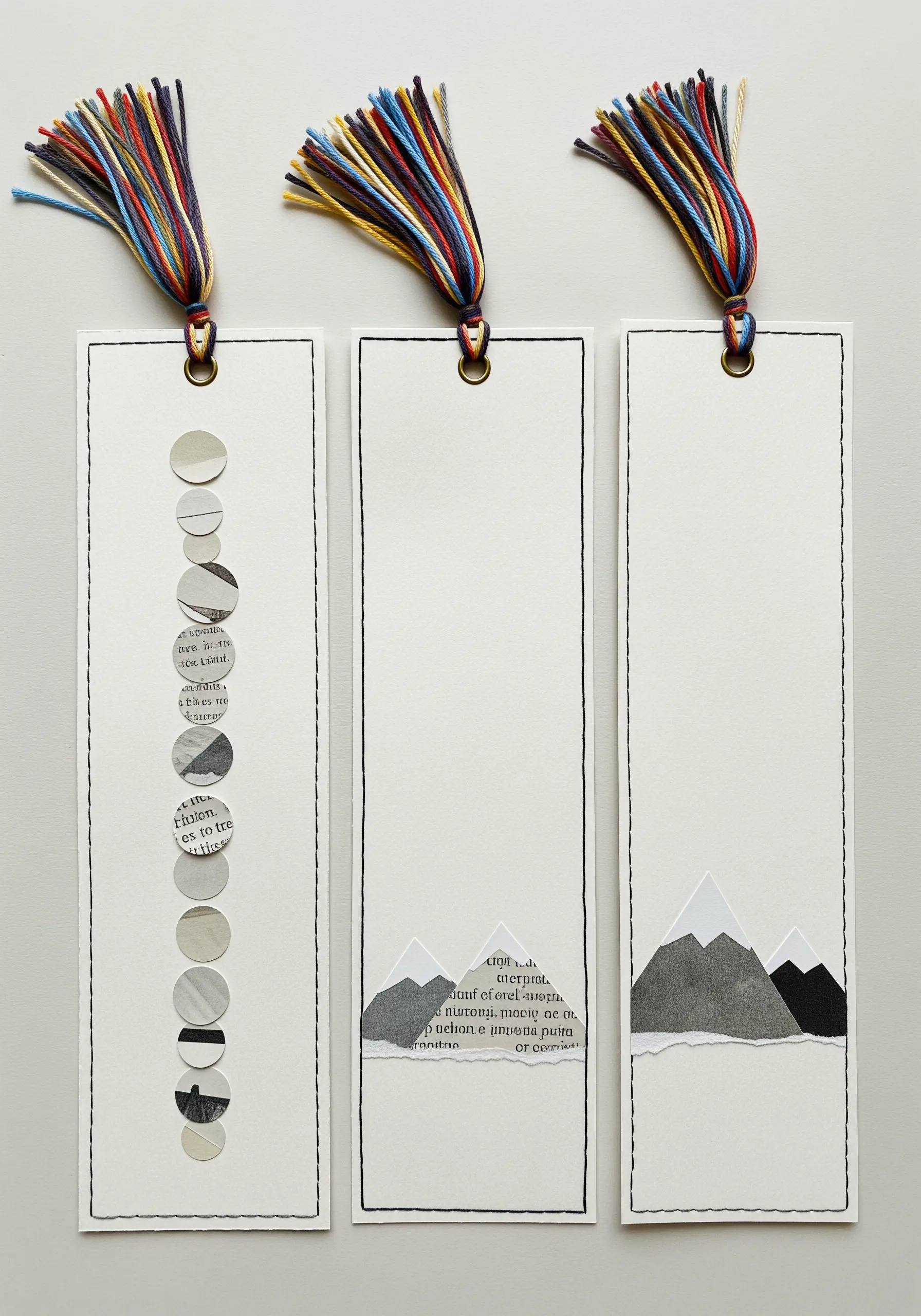 Three handmade bookmarks decorated with minimalist paper collages and finished with stitched borders.