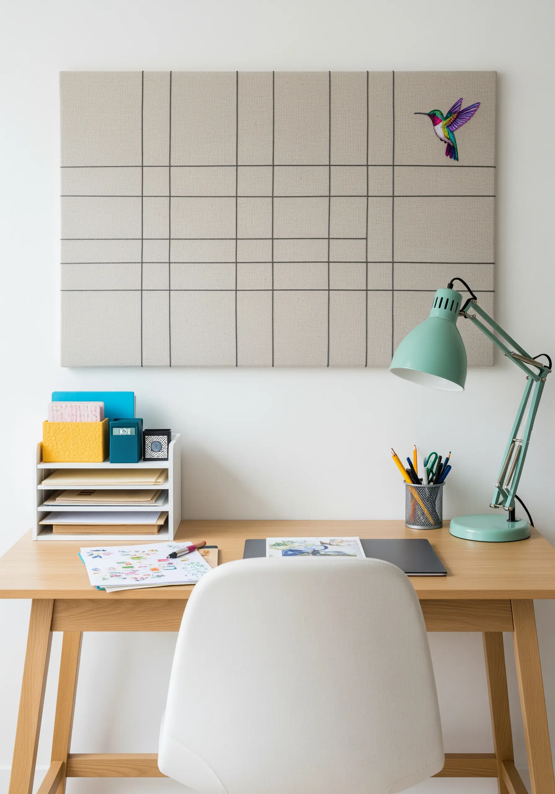 Fabric pinboard with a small, colorful embroidered hummingbird stitched in the top right corner.
