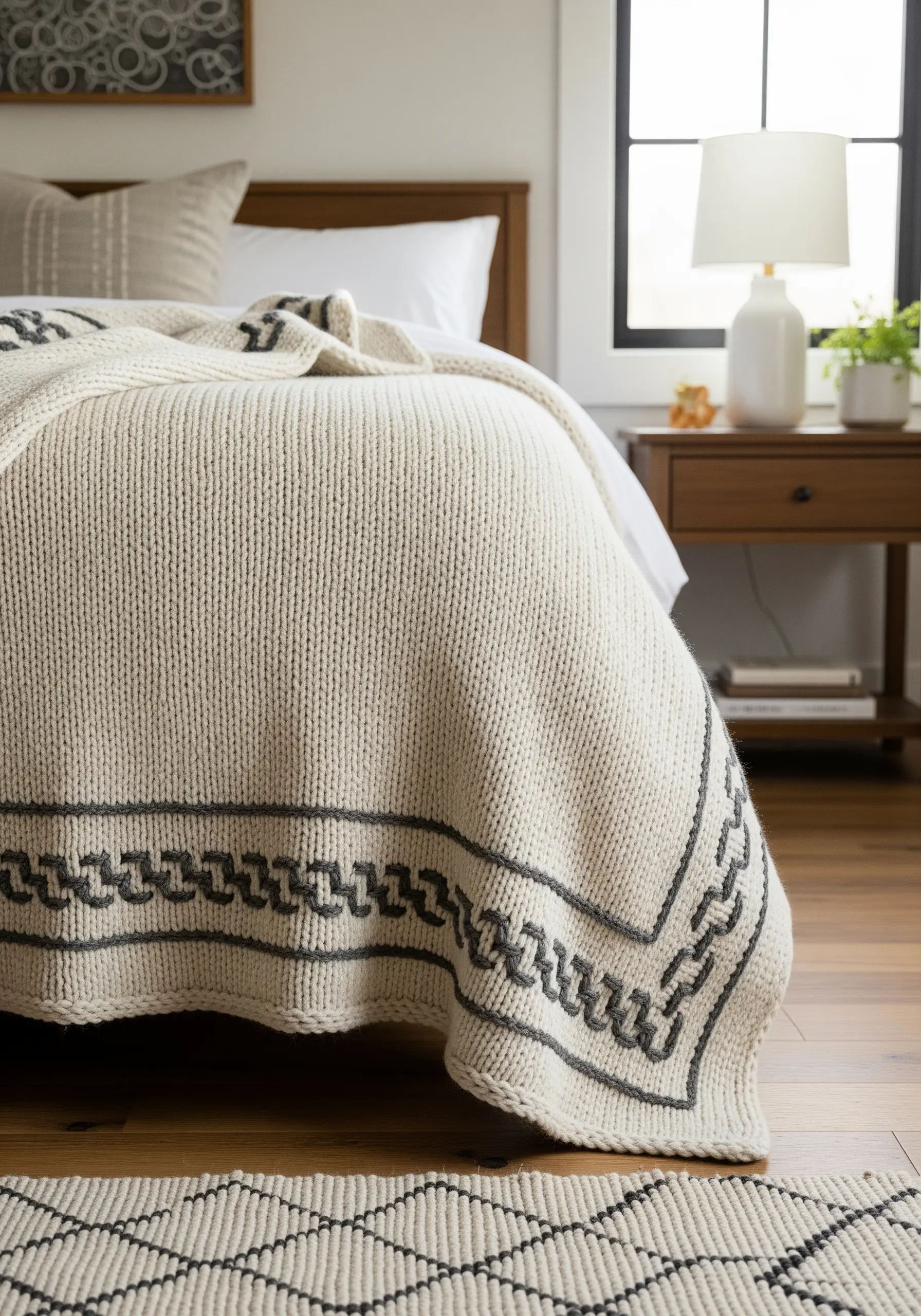 A close-up of a cream-colored knit blanket with an embroidered gray geometric chain border.