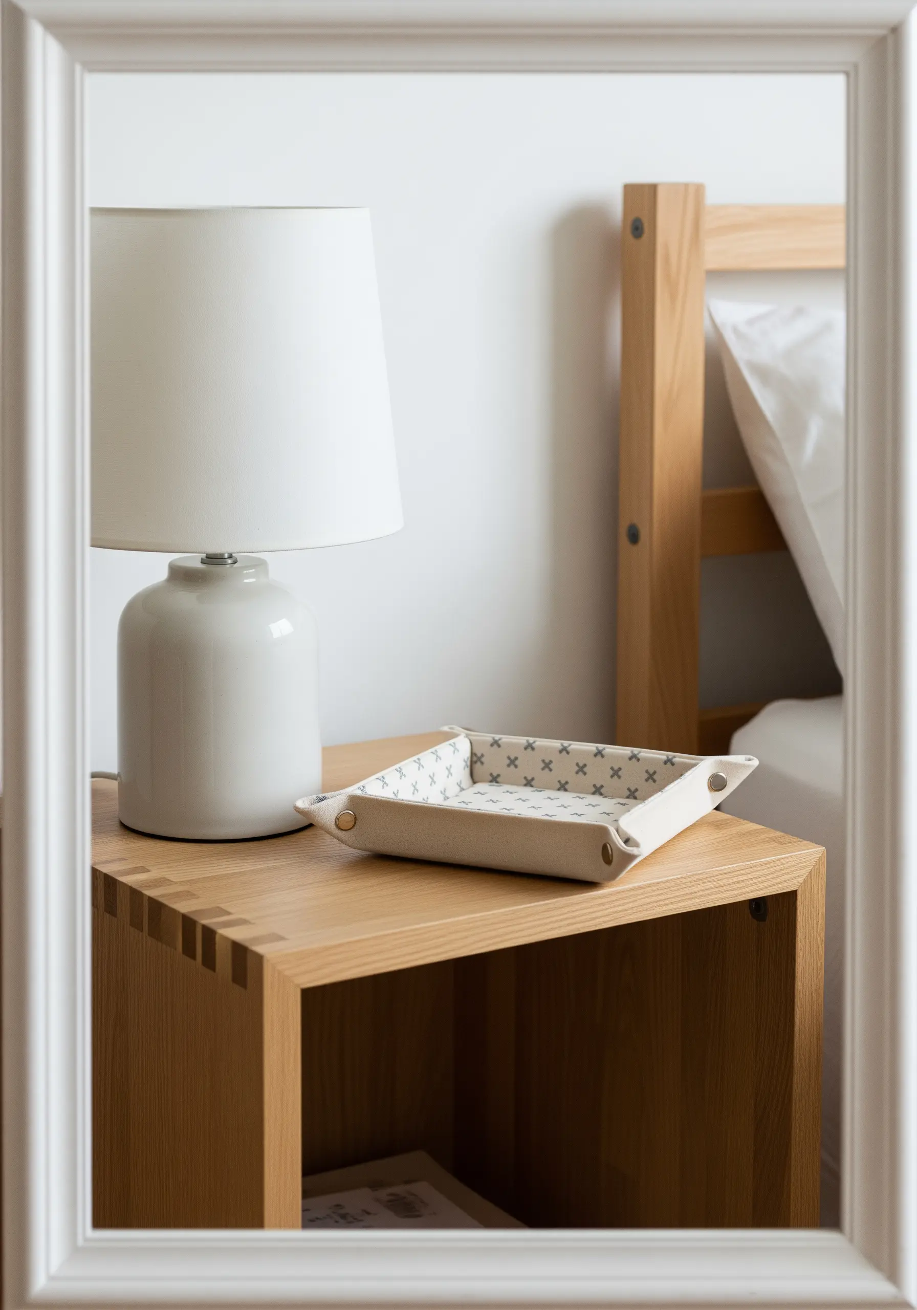 A fabric valet tray on a nightstand, lined with a minimalist geometric cross pattern.