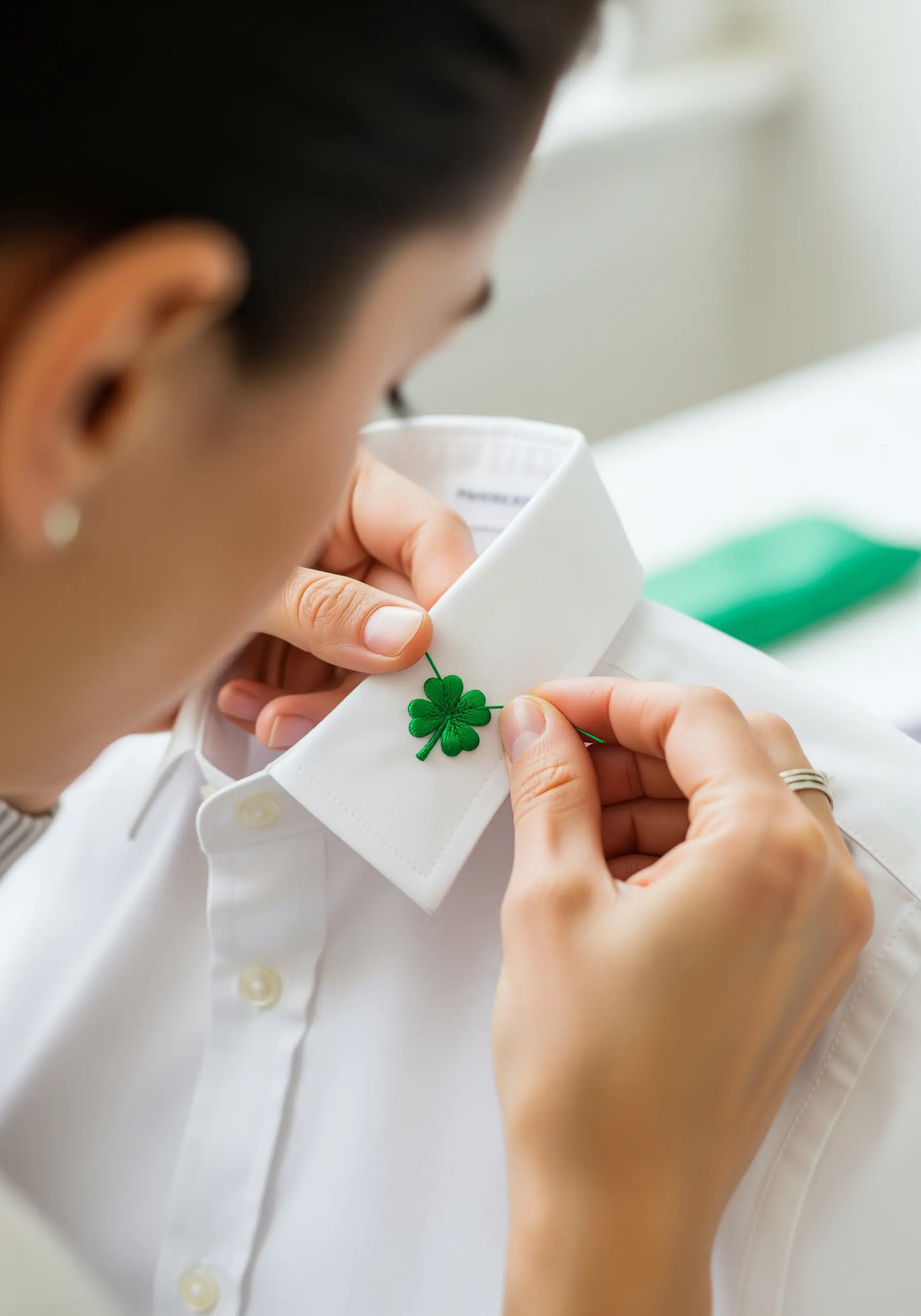 A small, perfectly stitched four-leaf clover on the collar of a white dress shirt.