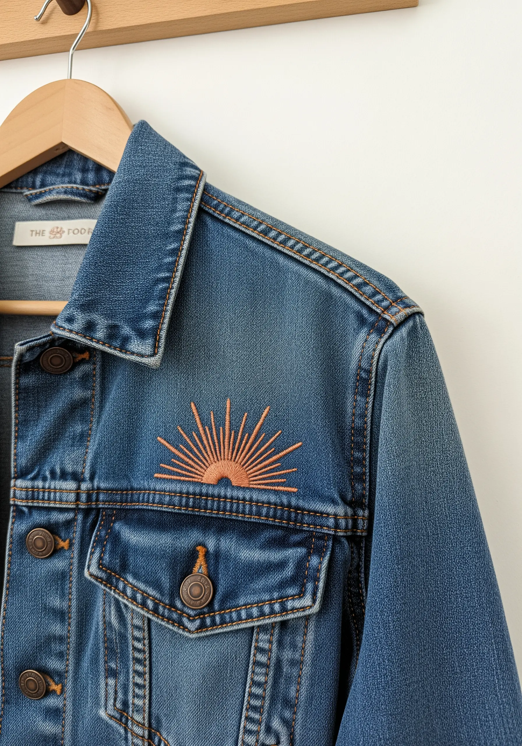 A small, minimalist sunburst mandala embroidered in orange thread on a denim jacket pocket.