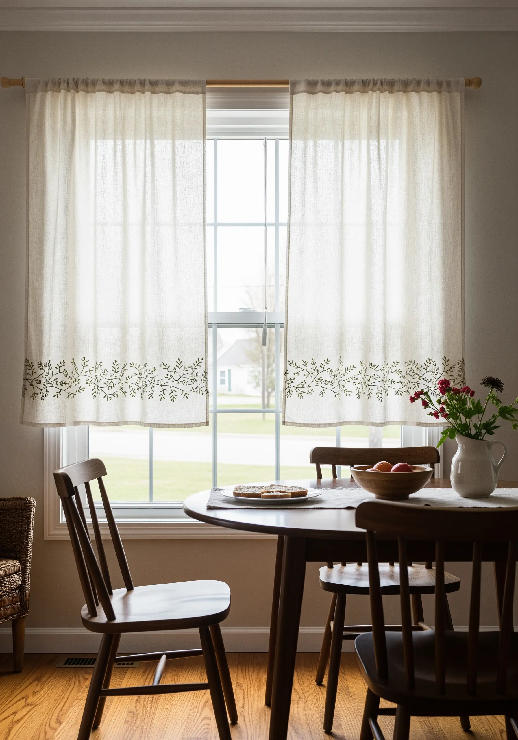 Embroidered green vine and leaf border on sheer, natural linen café curtains.