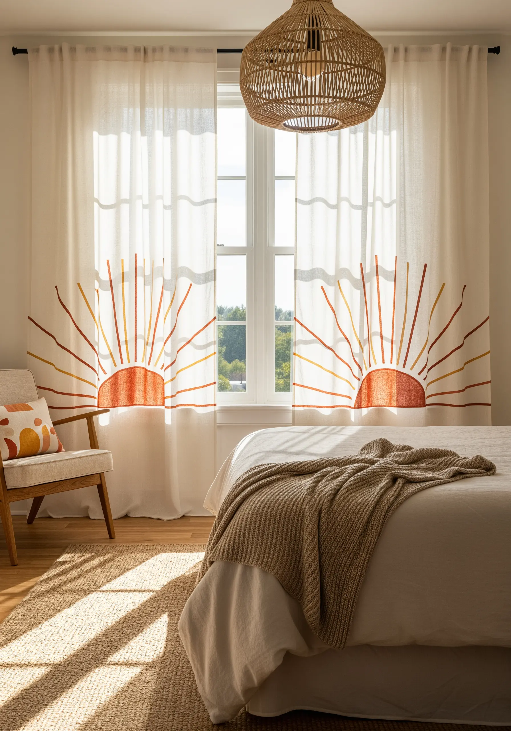 Sheer white curtains embroidered with a minimalist rising sun motif in orange and yellow hues.