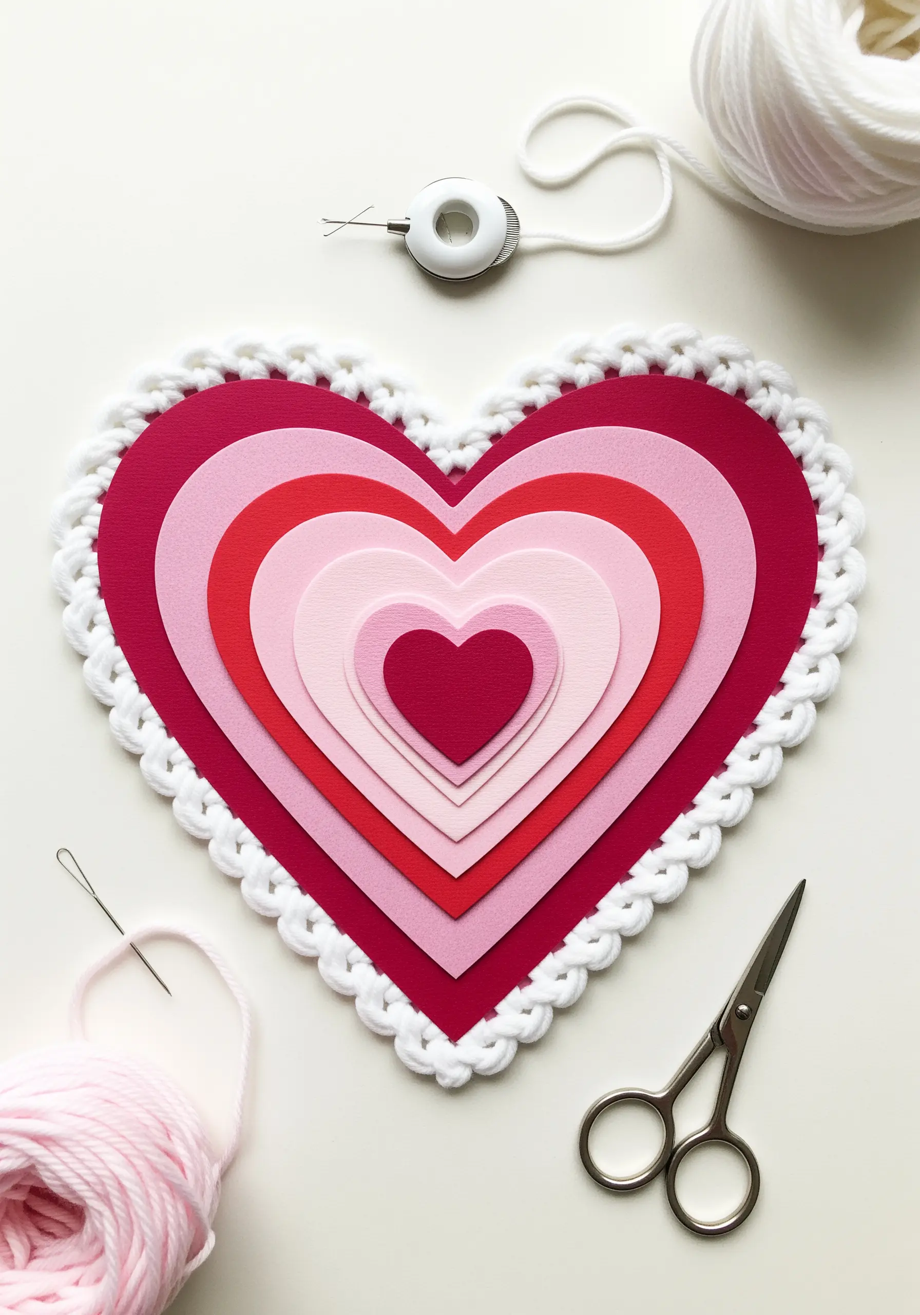 Layered paper hearts in shades of red and pink with a white crocheted border.