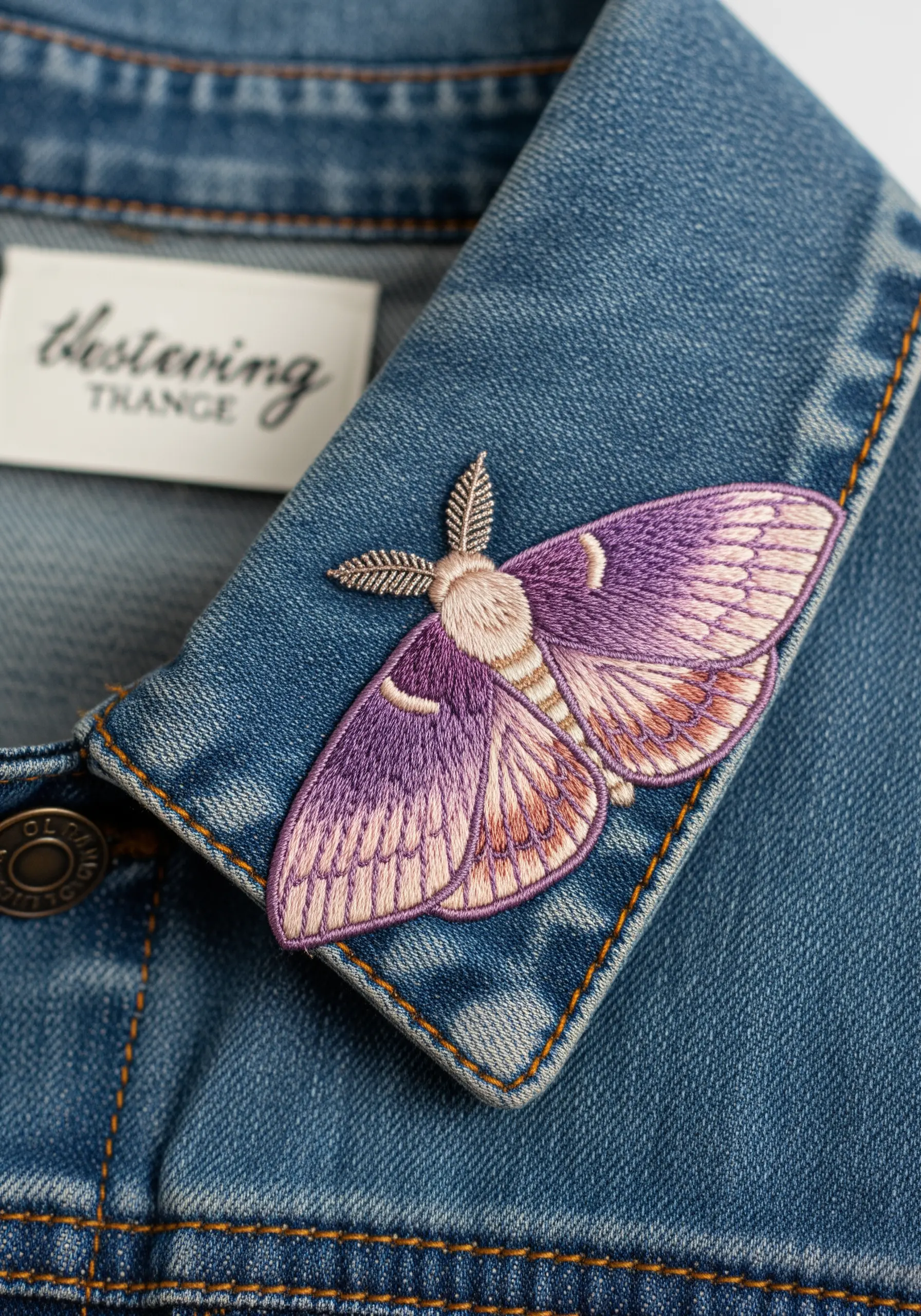 A dimensional embroidered moth with raised wings on a denim jacket collar.