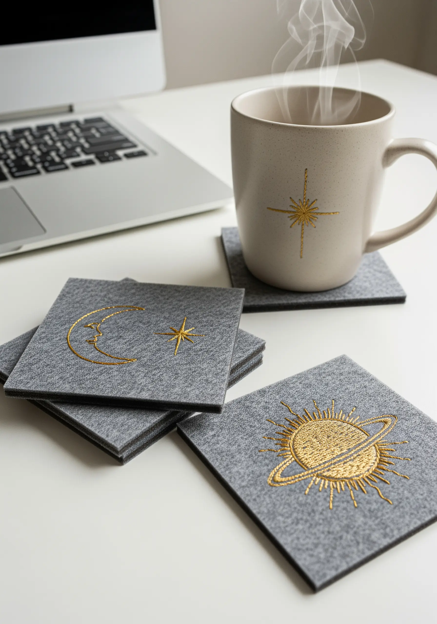 Grey felt coasters embroidered with celestial designs—a sun, moon, and stars—in gold metallic thread.