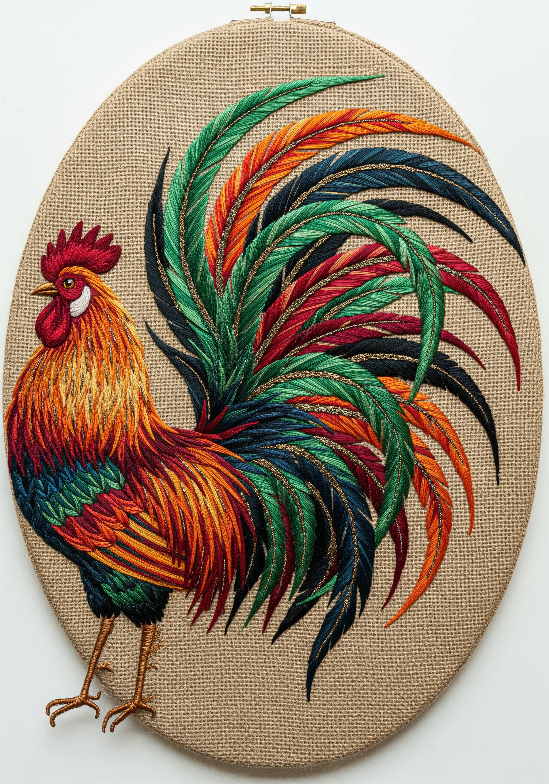 A colorful rooster with metallic gold thread accenting its long tail feathers.