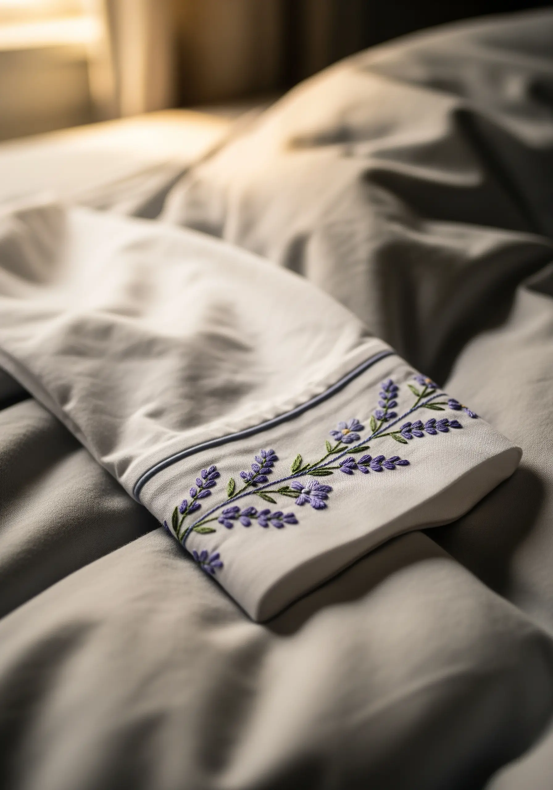 A delicate border of lavender embroidered onto the cuff of a pillowcase.