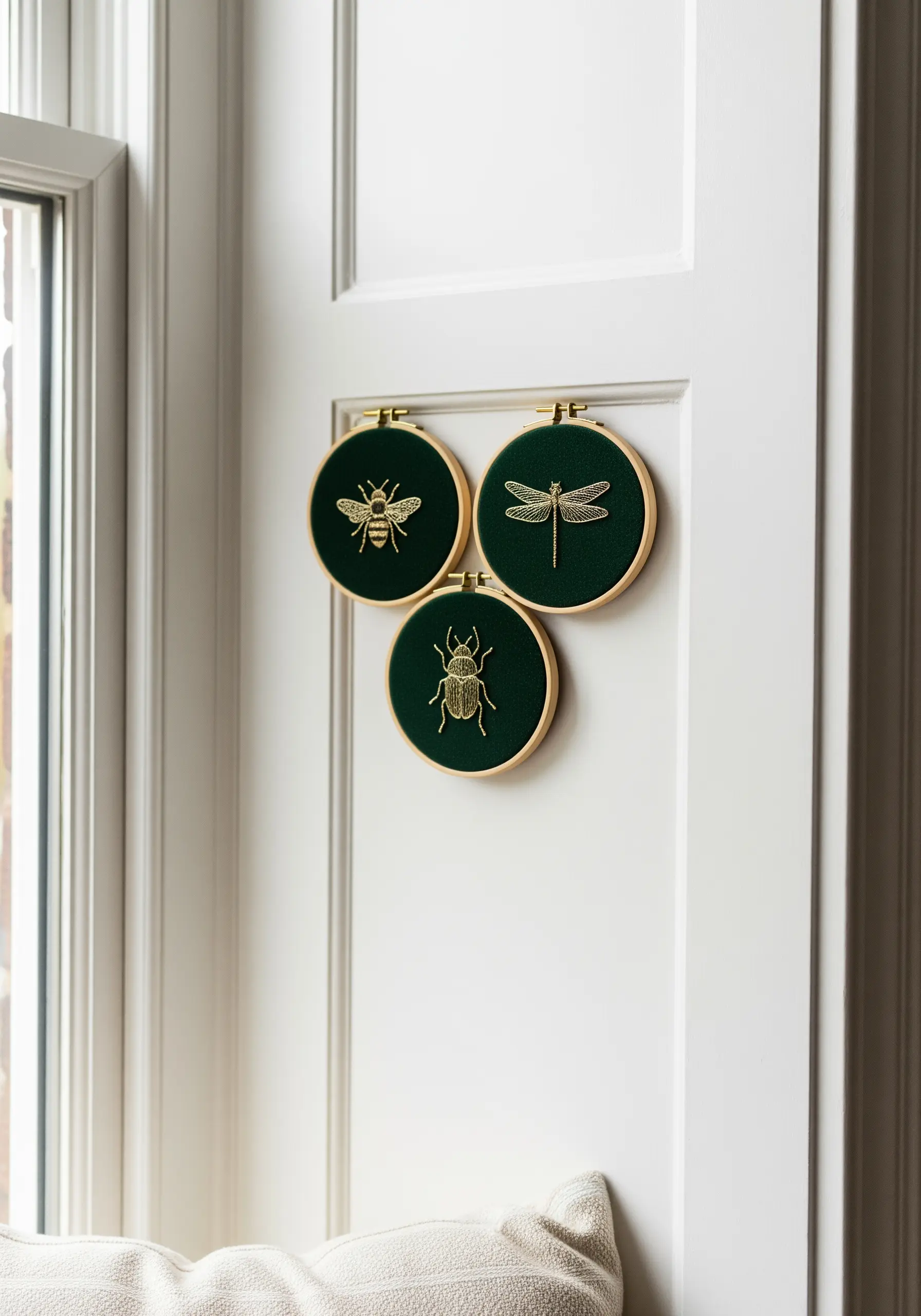 Three small hoops with gold metallic thread insects stitched on dark green velvet.