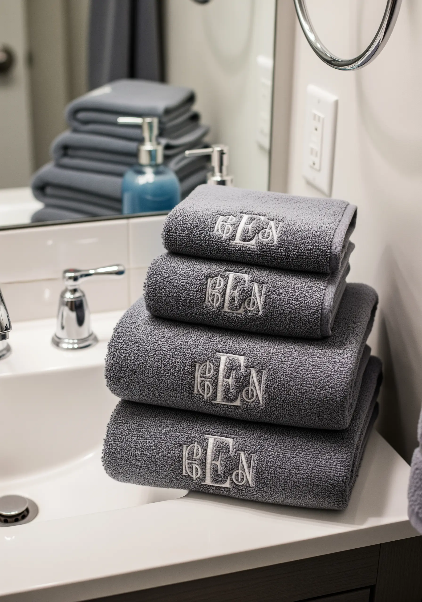 A stack of grey bathroom towels with an elegant white embroidered monogram