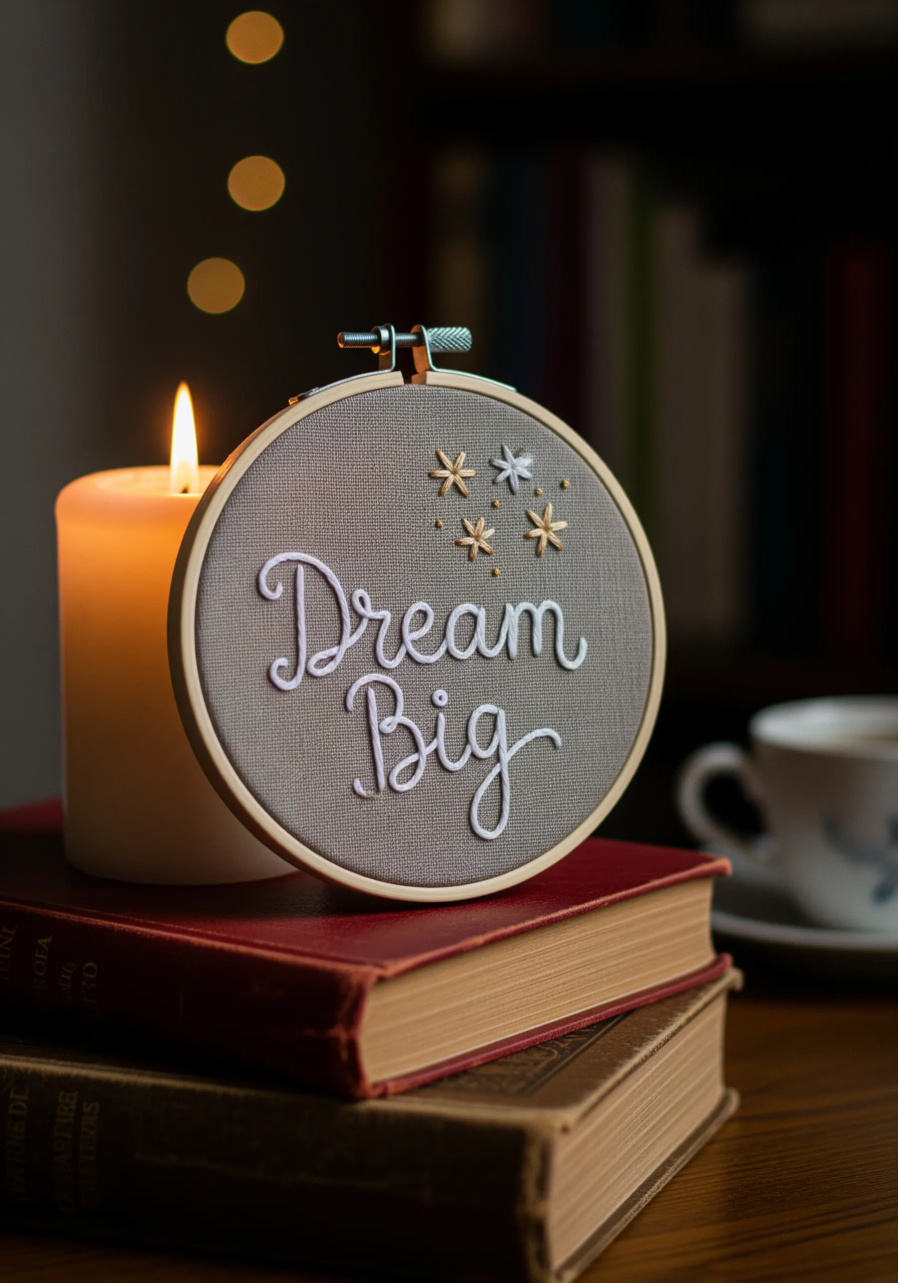 'Dream Big' in white cursive, accented with gold and silver metallic stars.
