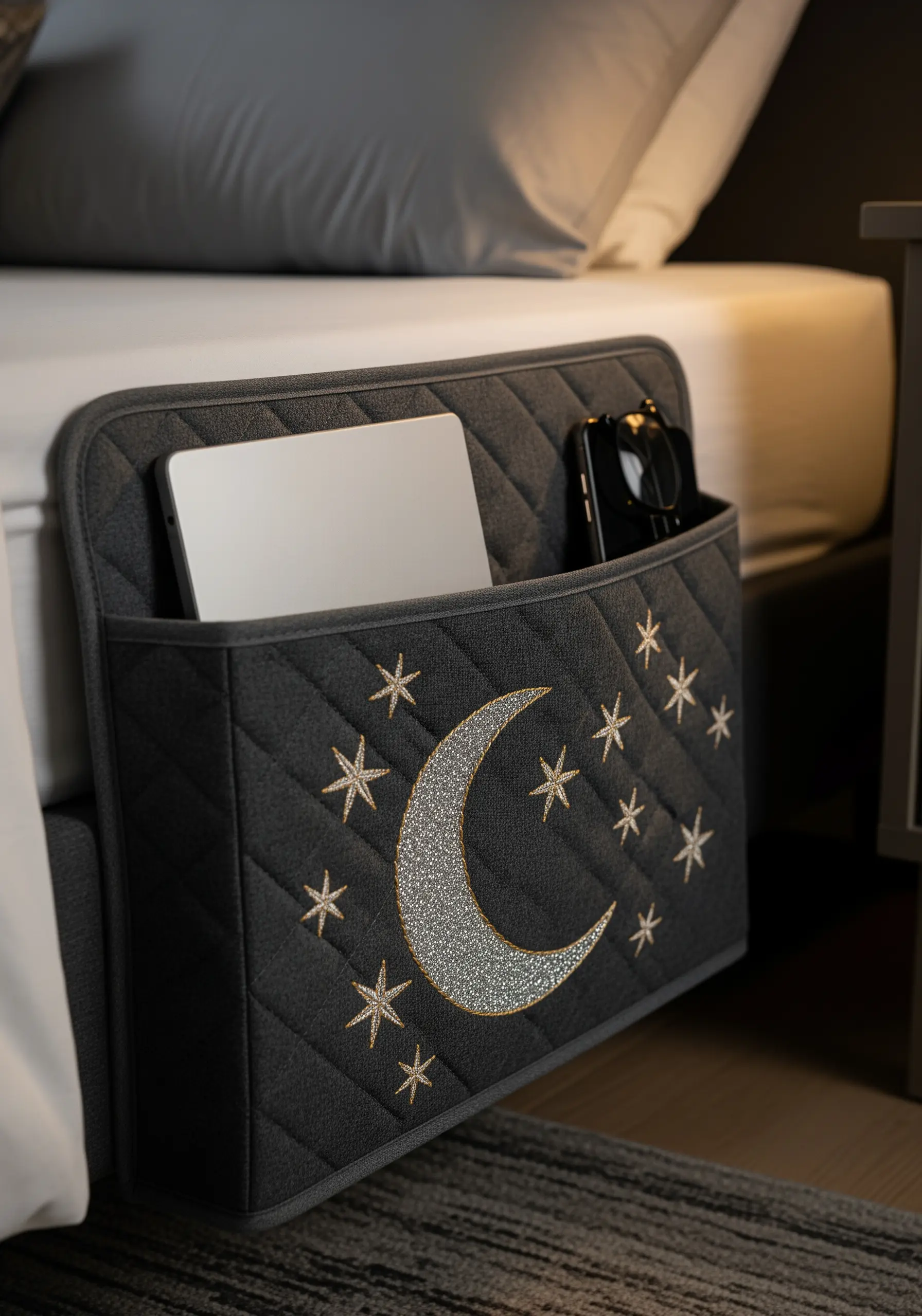 A dark quilted bedside caddy with a silver appliqué moon and embroidered gold stars.