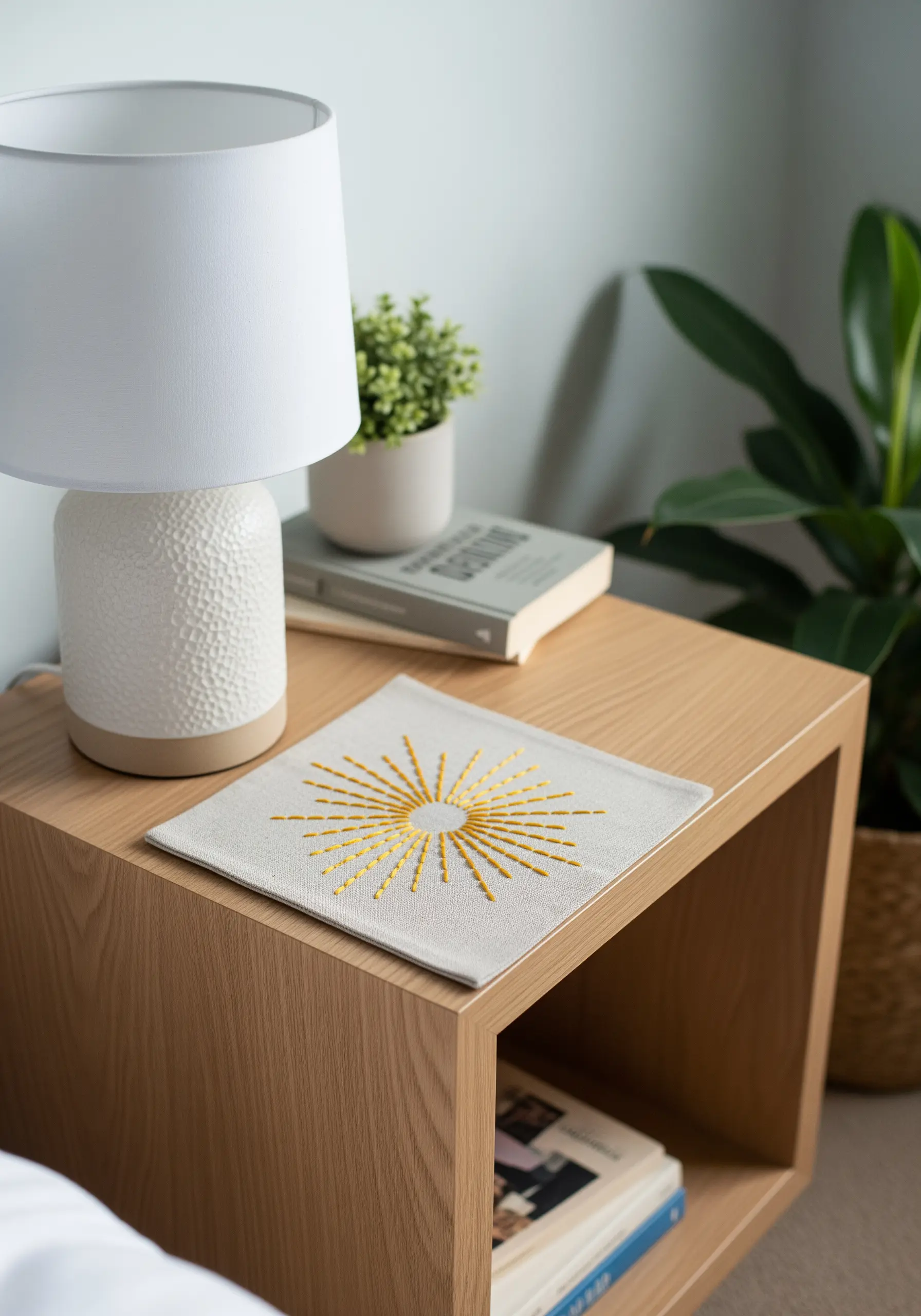 A small square of linen embroidered with a gold metallic thread sunburst, placed on a nightstand.