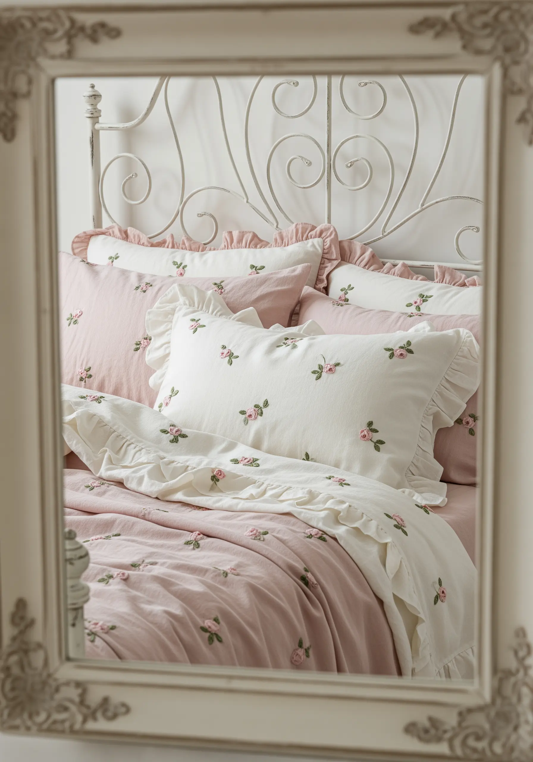 Tiny embroidered rosebuds made from bullion knots scattered across pink and white ruffled pillows.