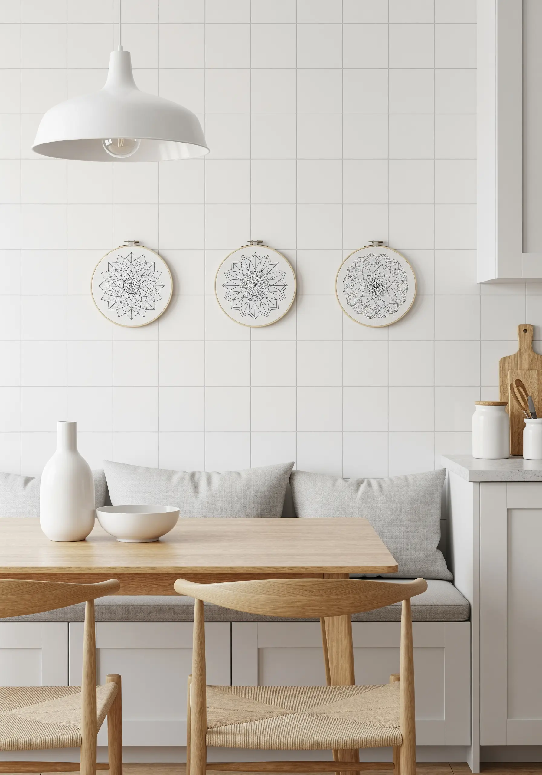 A trio of simple, line-art mandalas in black thread, hanging on a white tiled wall.