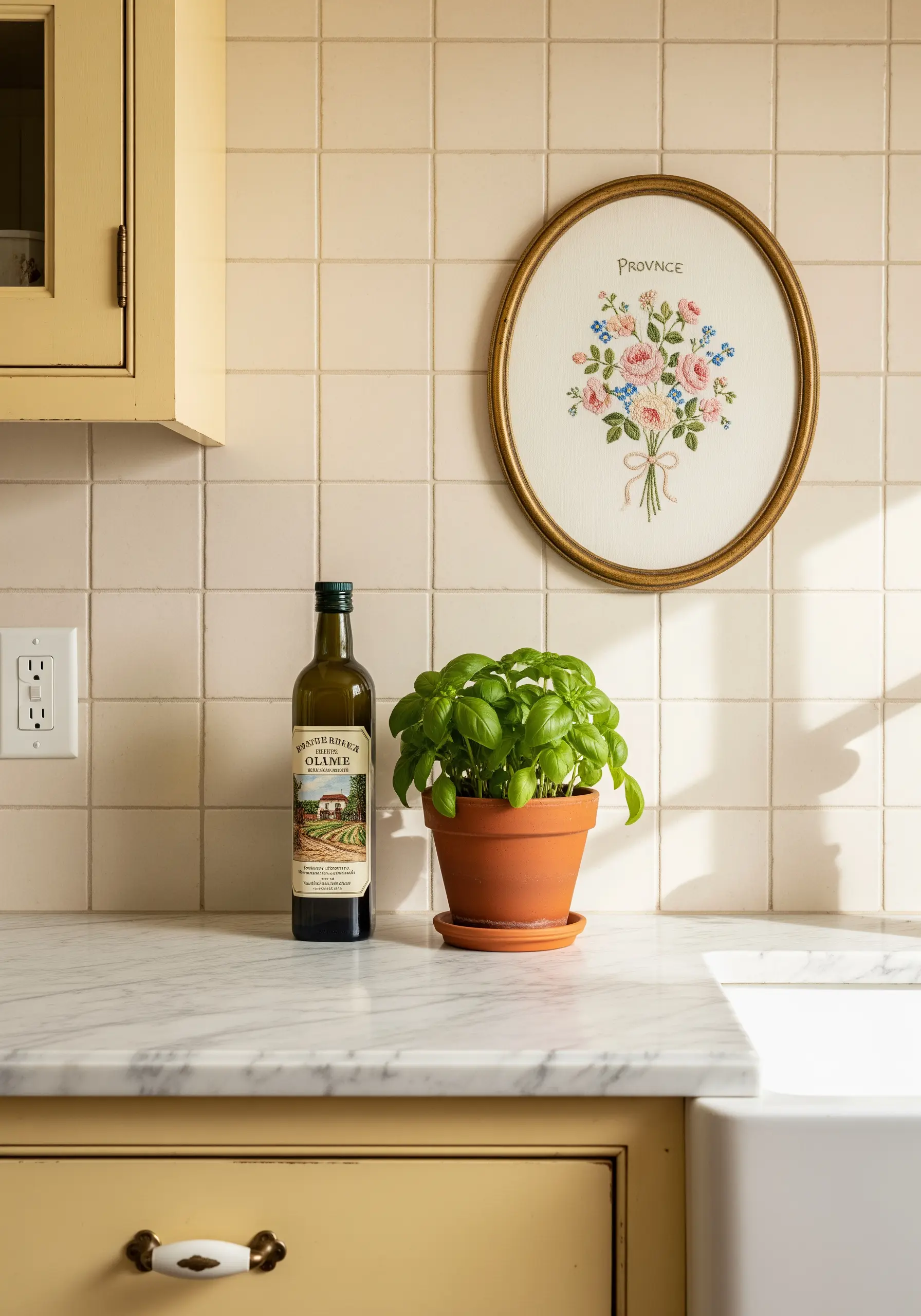 An oval-framed floral bouquet embroidery hanging on a cream-tiled kitchen wall.