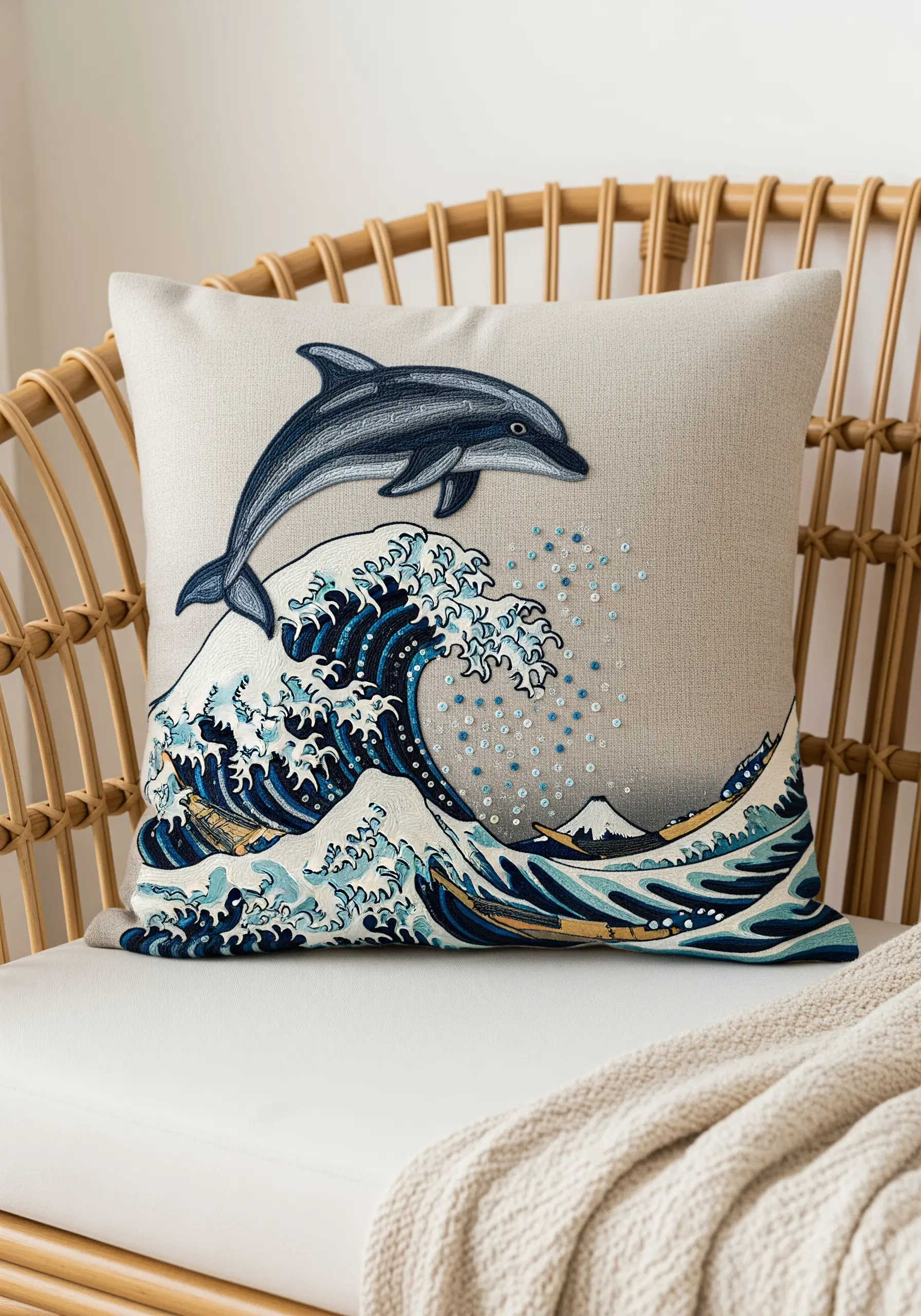 Embroidered dolphin jumping over a great wave, with beads sewn on as sea spray.