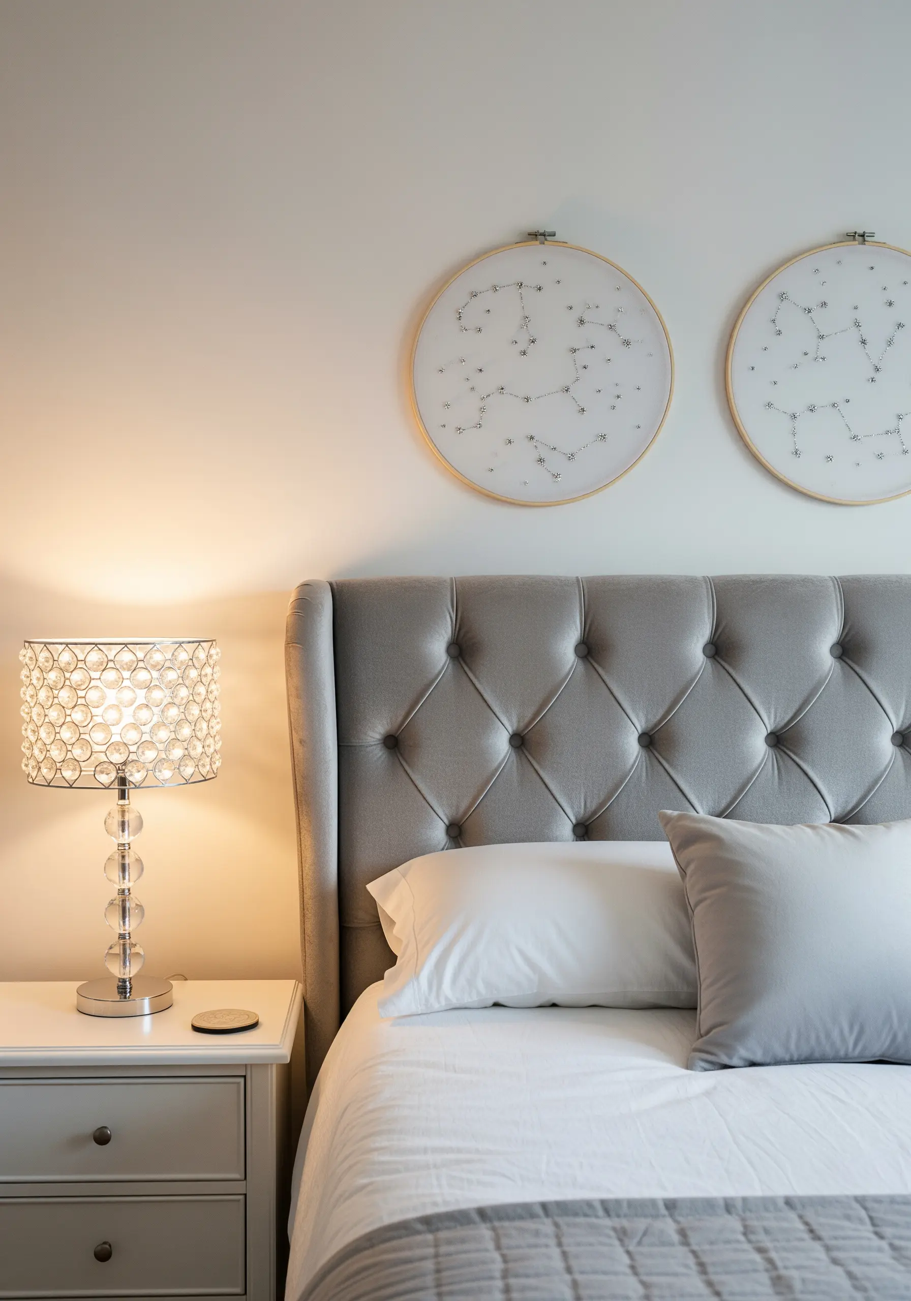 Two large embroidery hoops featuring stitched constellations with French knots for stars.