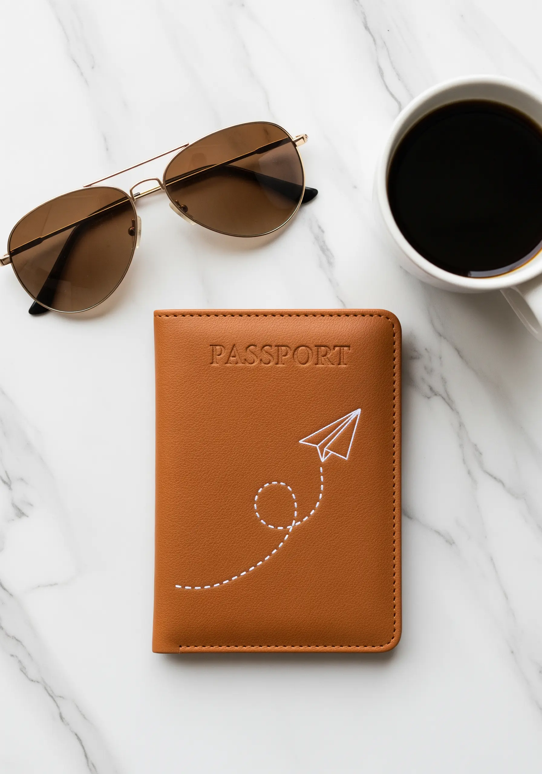 A simple paper airplane and its dotted flight path embroidered on a tan passport cover.