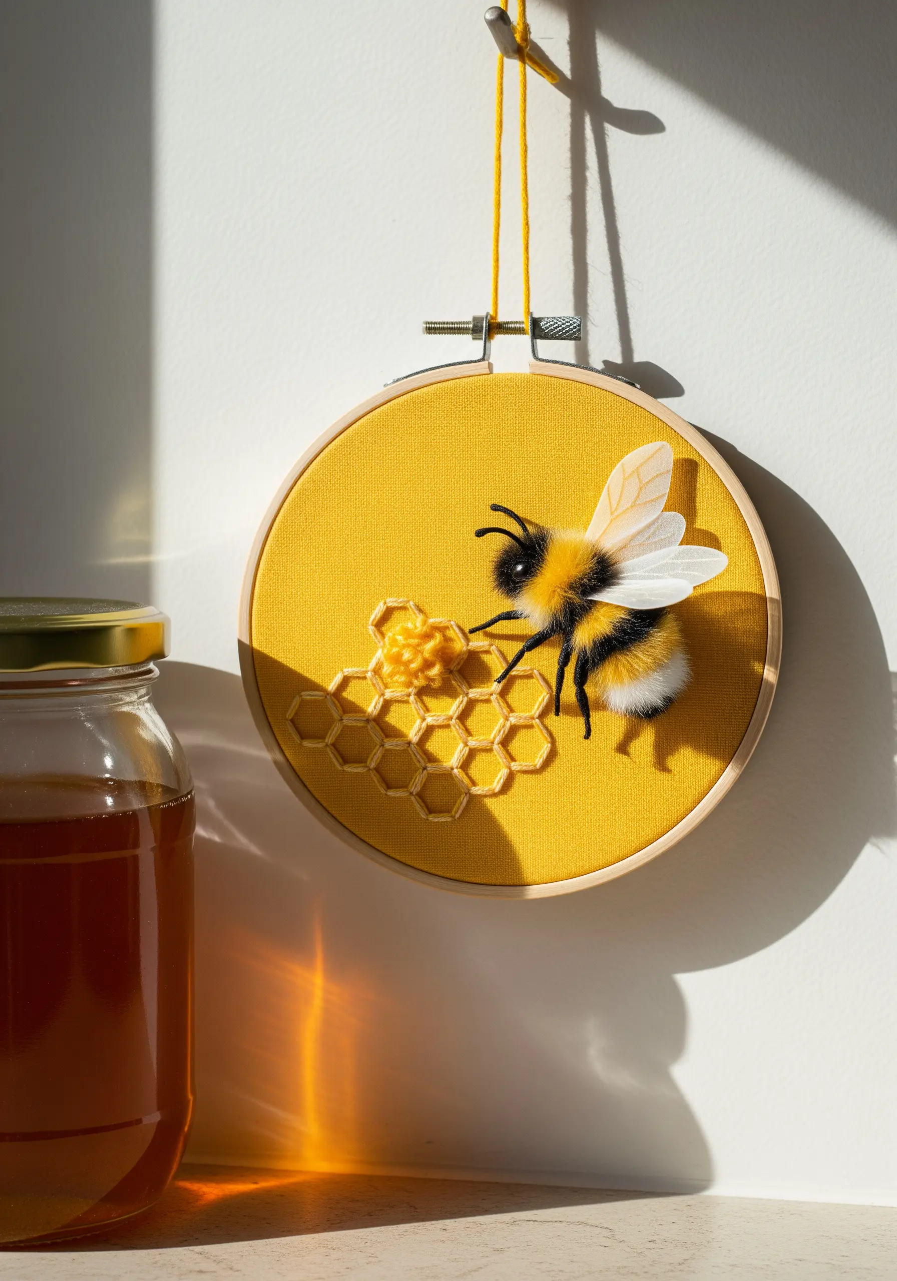 3D embroidered bee with detached wings on a honeycomb, stitched on yellow fabric.