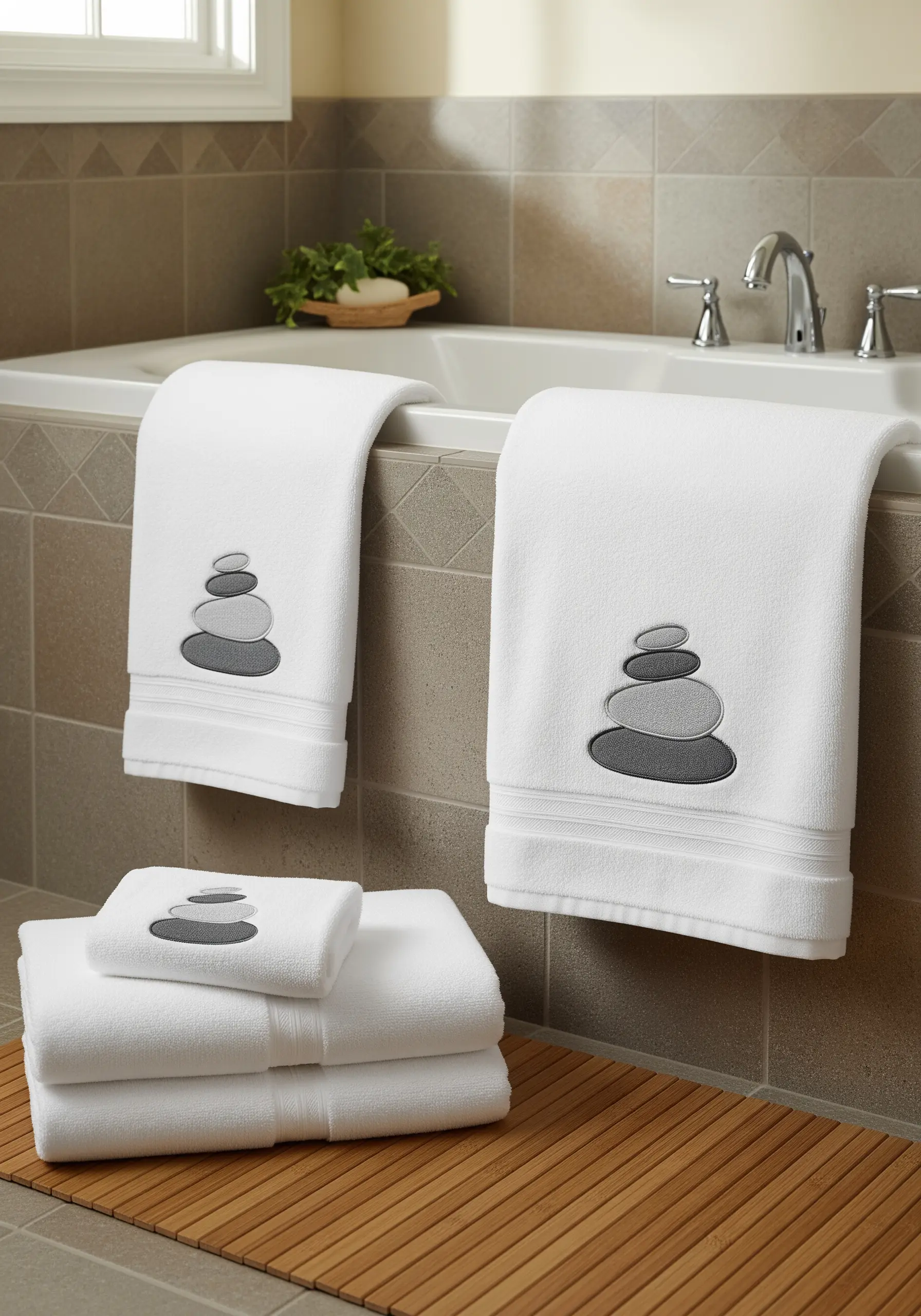 White bath towels embroidered with a minimalist motif of stacked gray stones.