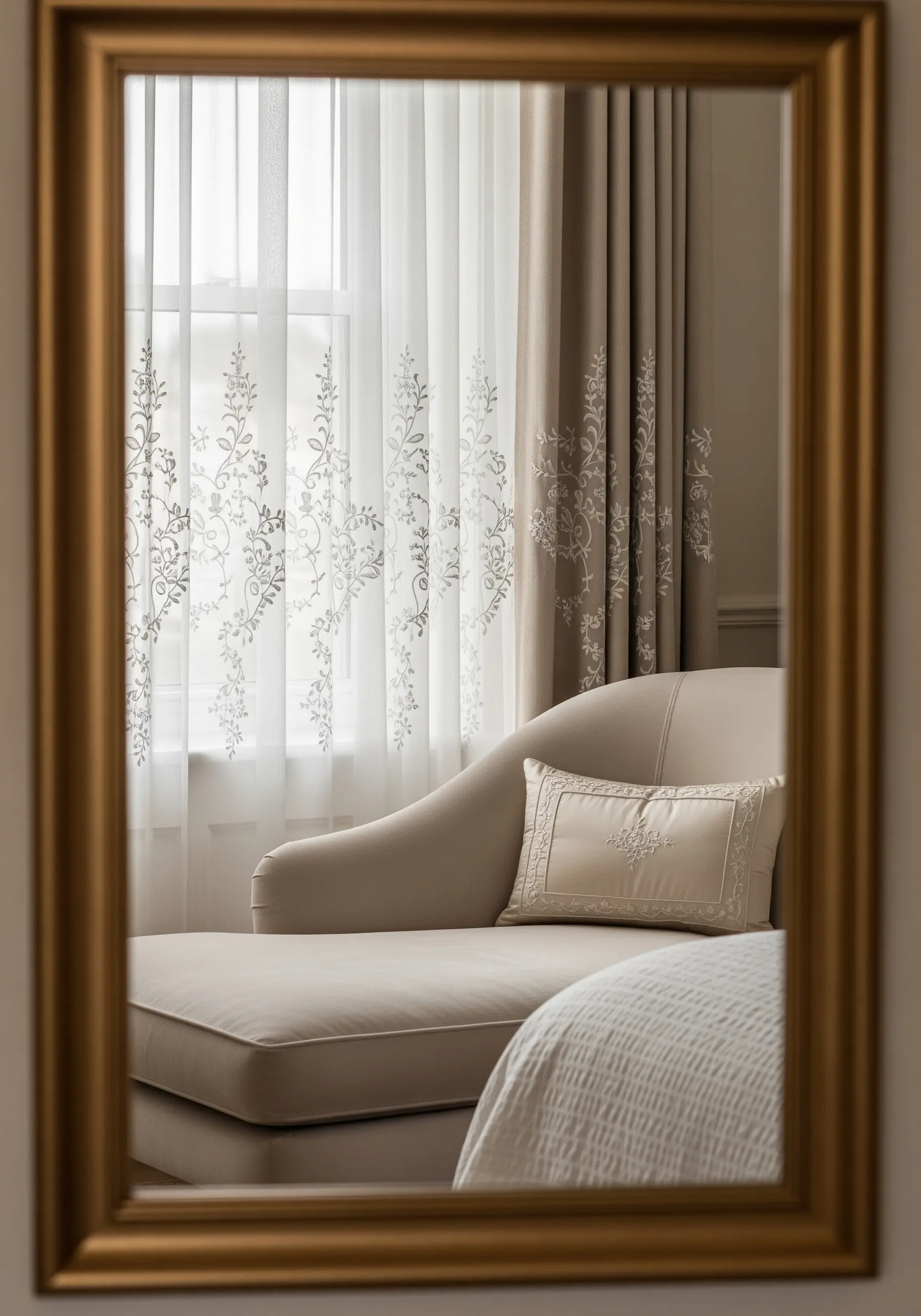 Delicate silver botanical embroidery on a sheer white window curtain.