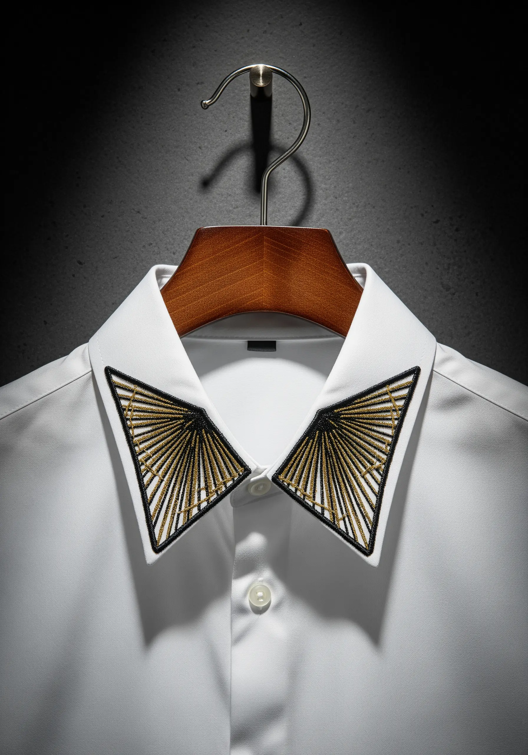 Art Deco style fan embroidery in black and gold on the collar points of a white shirt