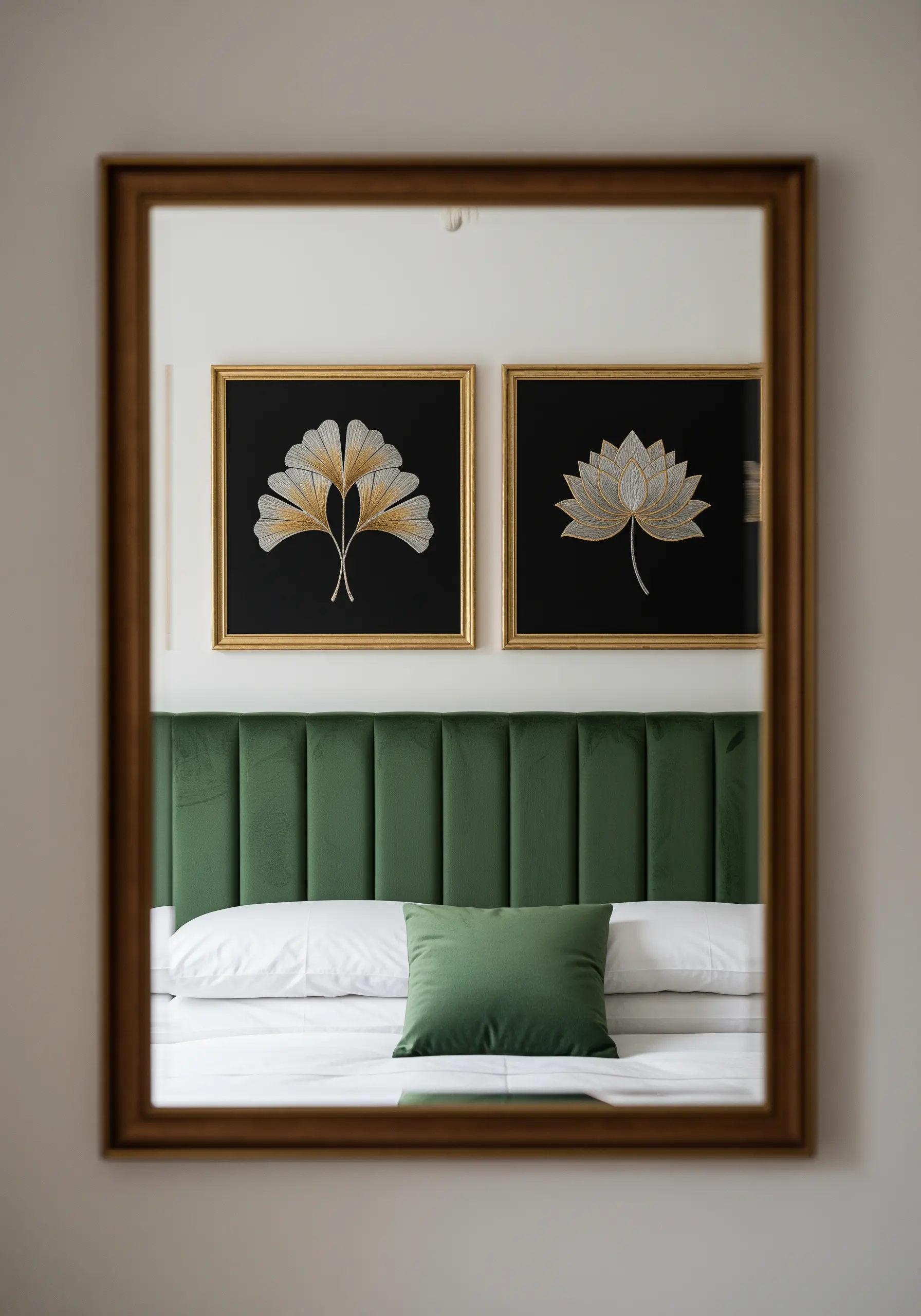 Two framed embroideries of a ginkgo leaf and a lotus flower stitched in metallic thread.