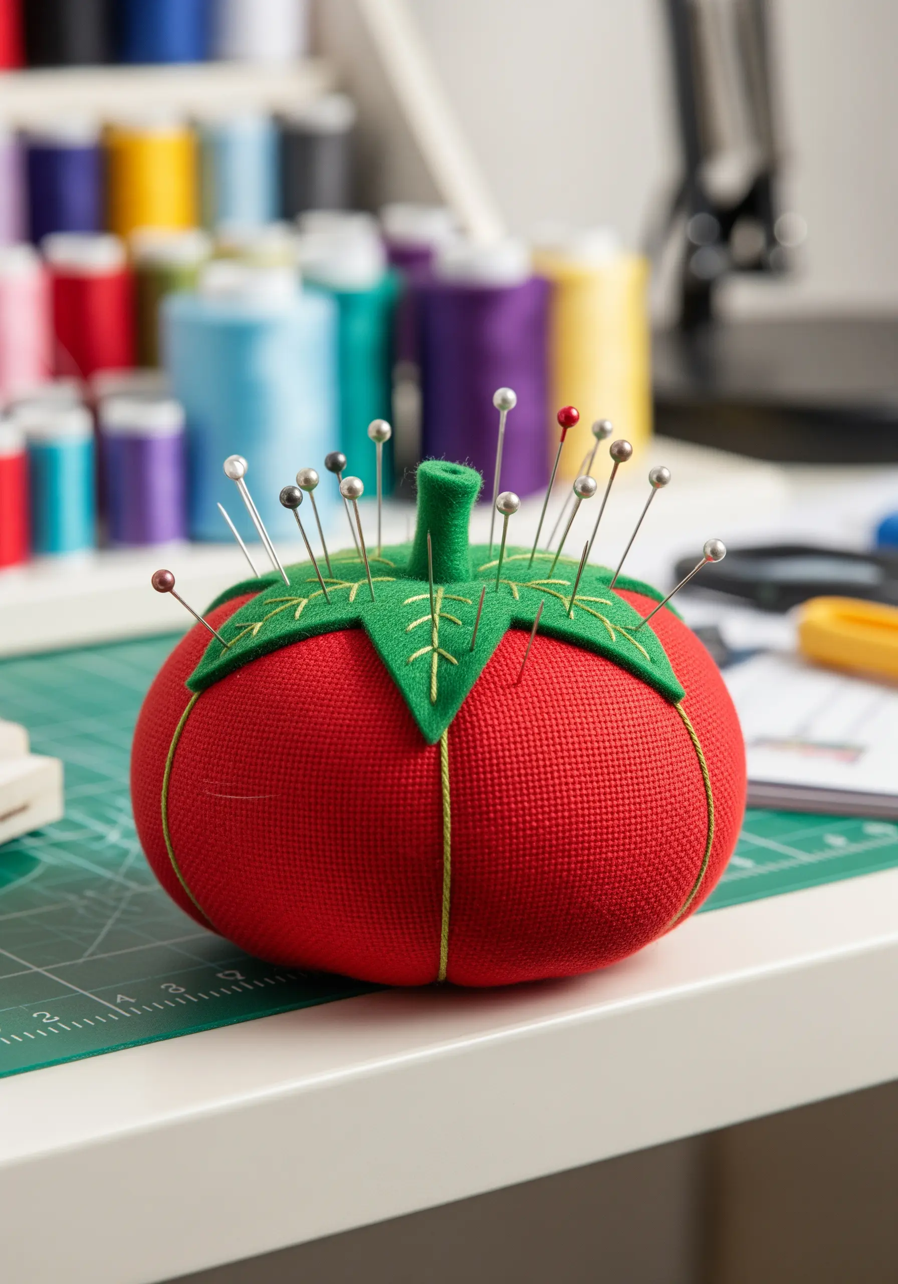 A classic tomato pincushion with green embroidered leaves and neat segmentation.