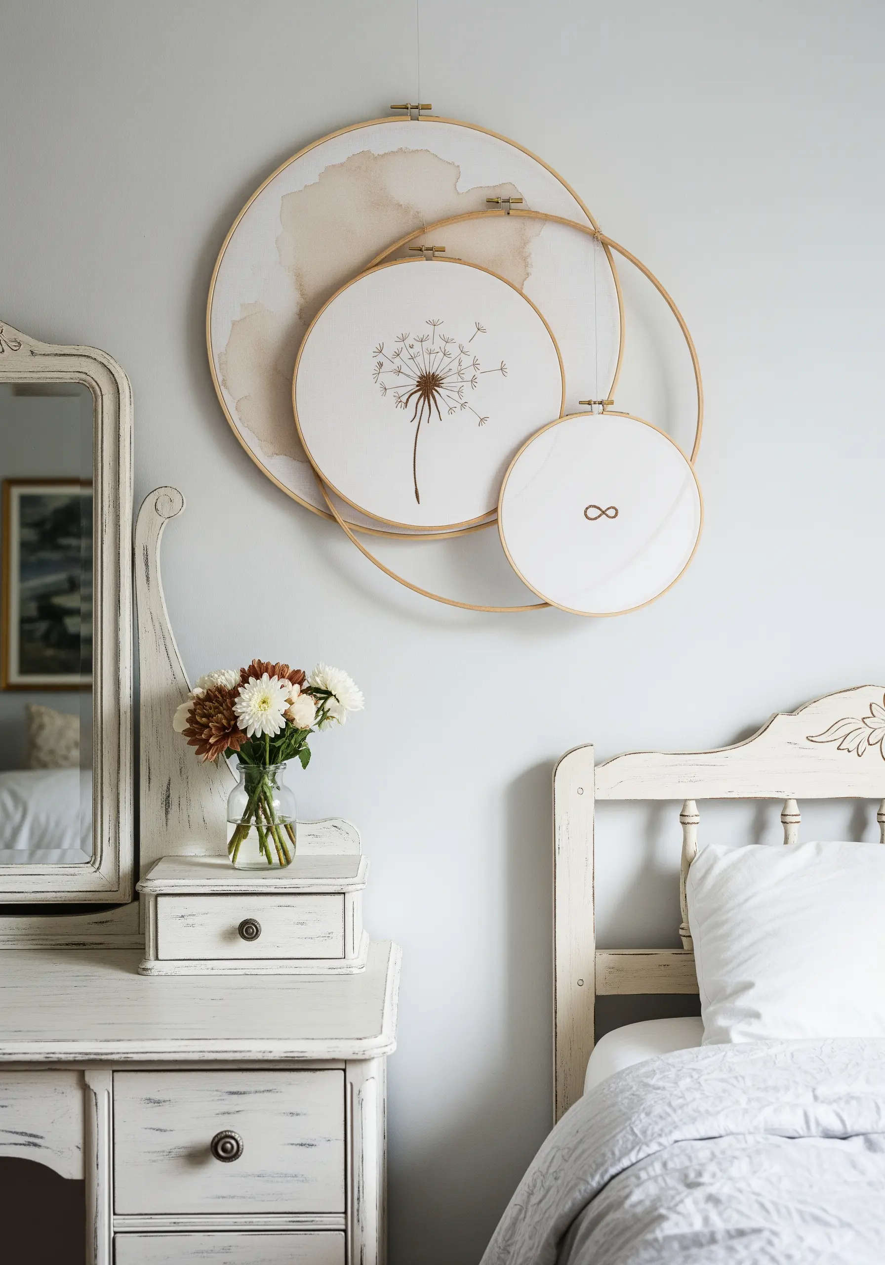 A layered arrangement of three embroidery hoops with a watercolor background and simple motifs.