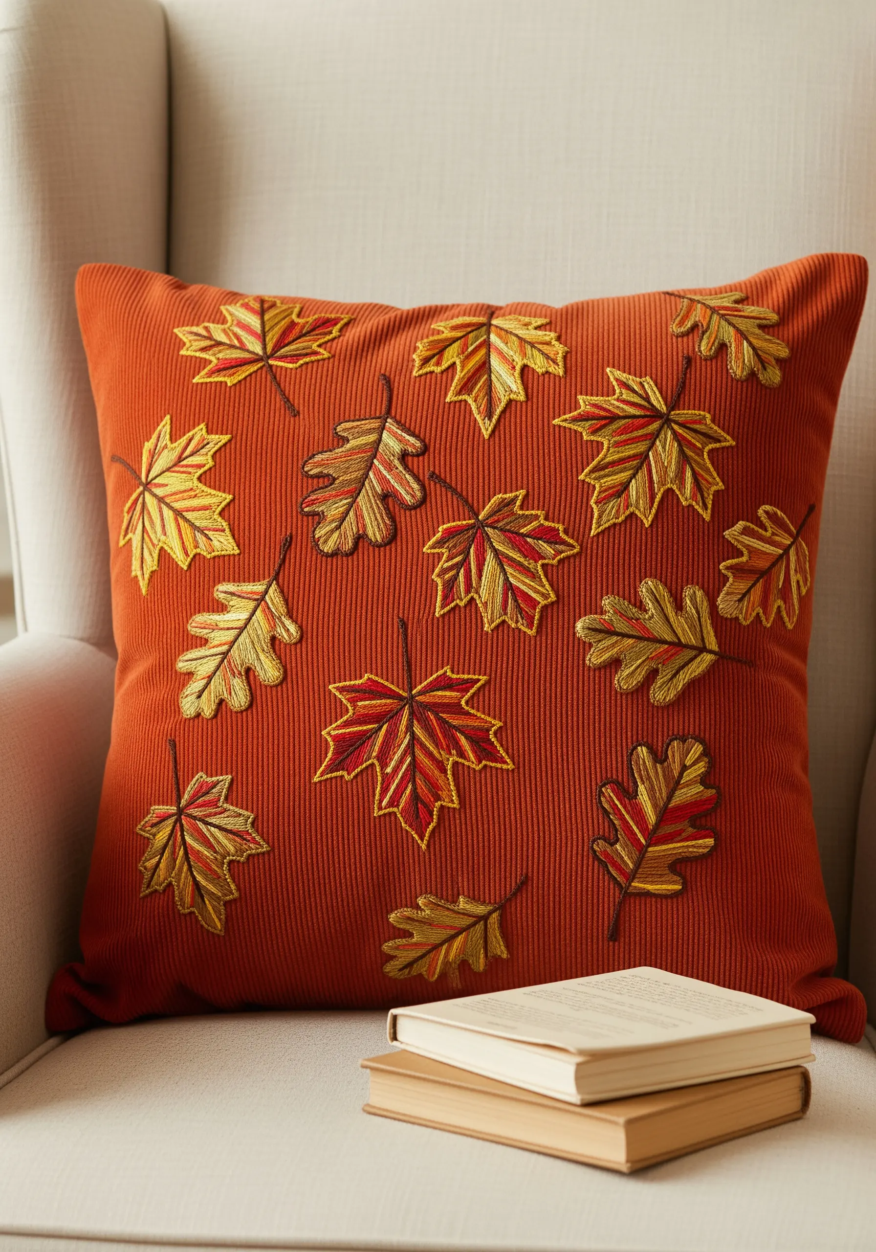 An orange corduroy pillow embroidered with a pattern of falling autumn leaves in red and gold.