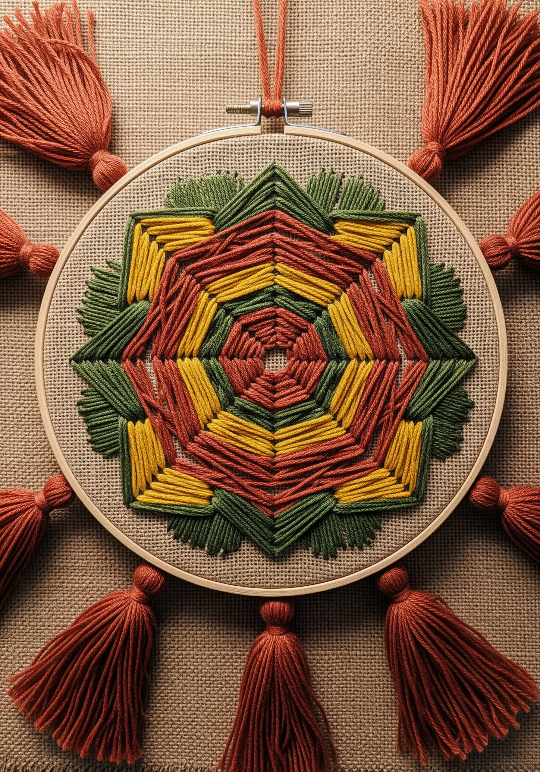 Earth-tone string art mandala in a hoop decorated with matching tassels.