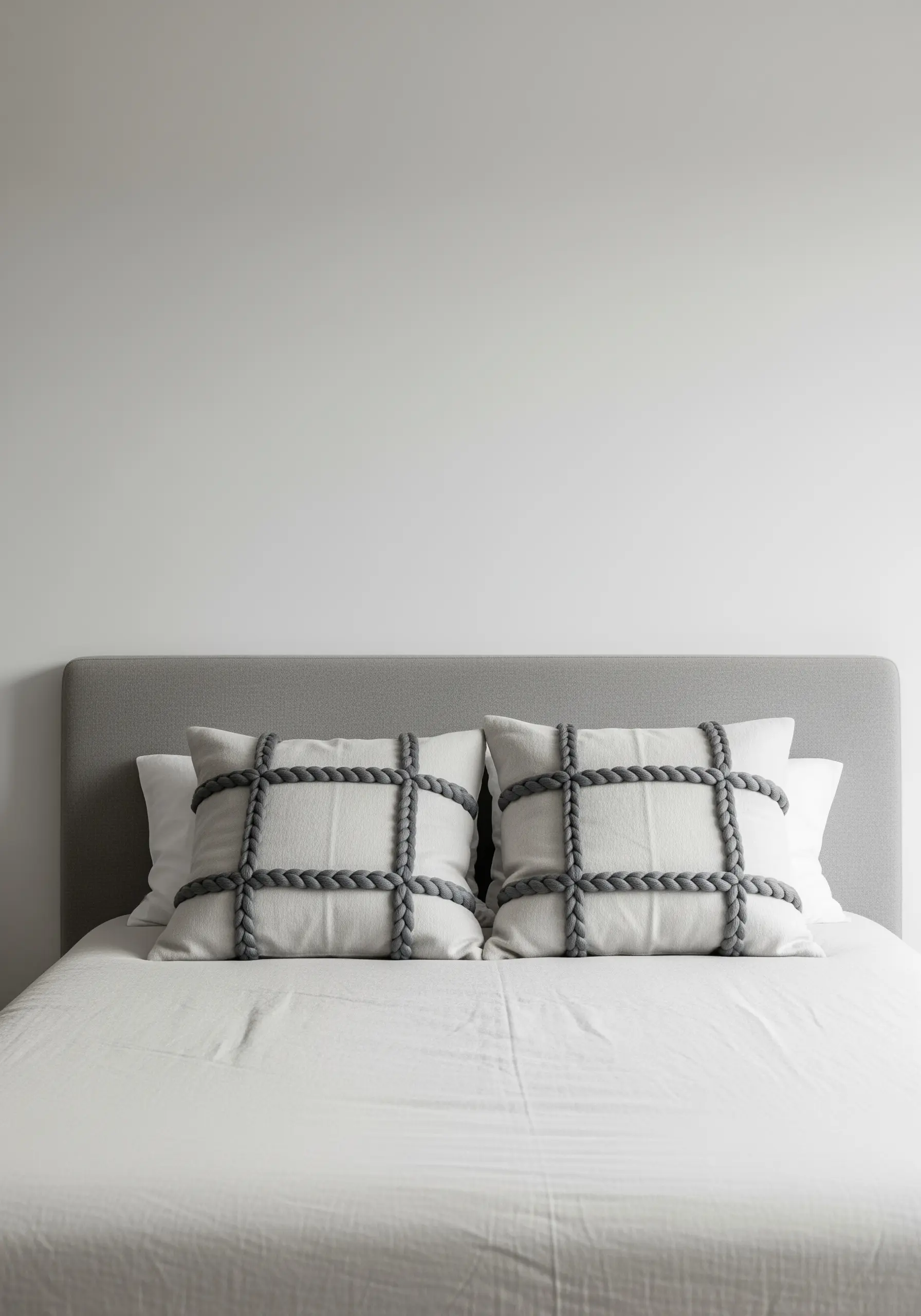 A thick, gray braided cord couched onto a white pillow in a simple grid pattern.