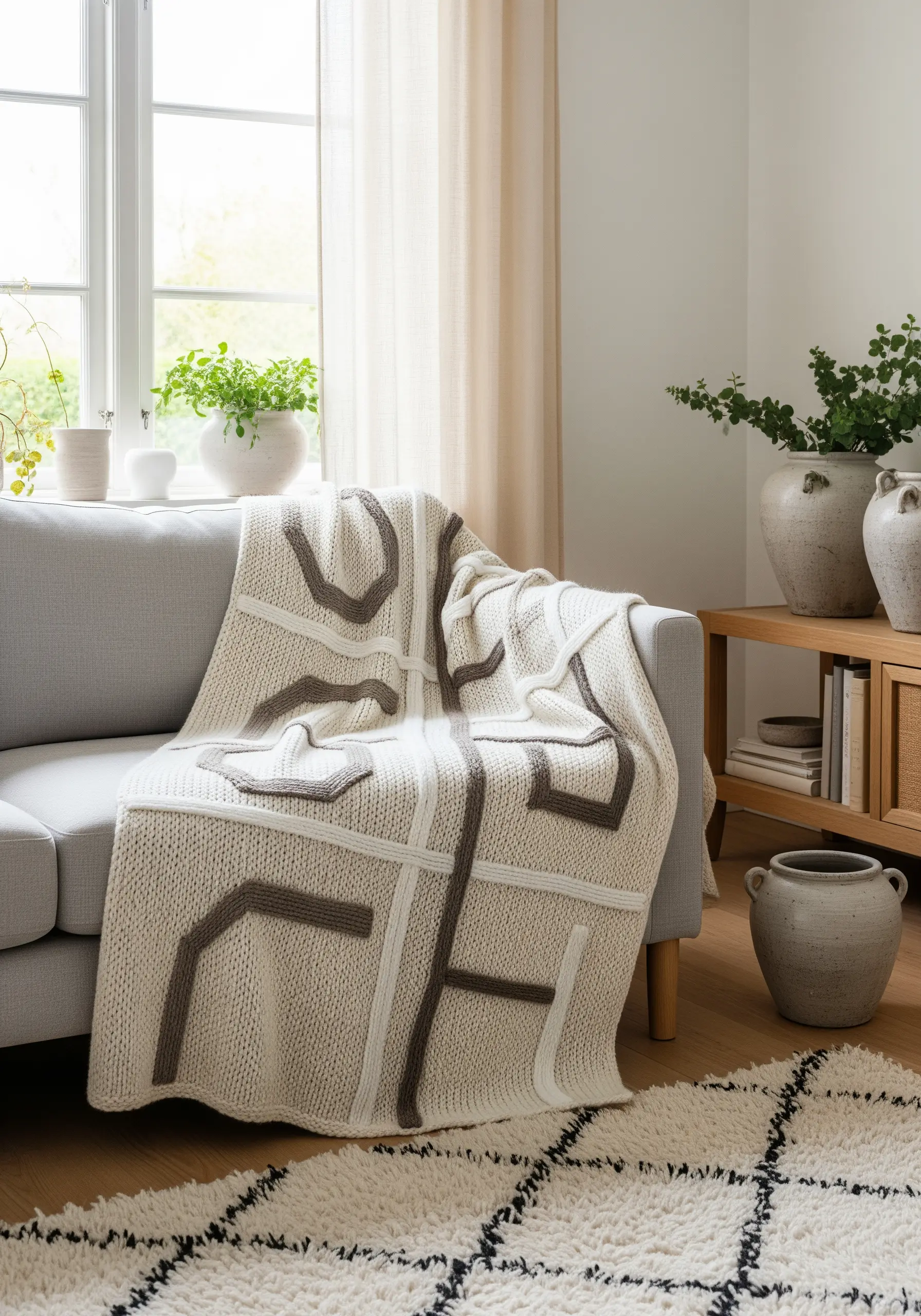 Close-up of a chunky yarn couched in an abstract pattern onto a cream knit throw blanket.