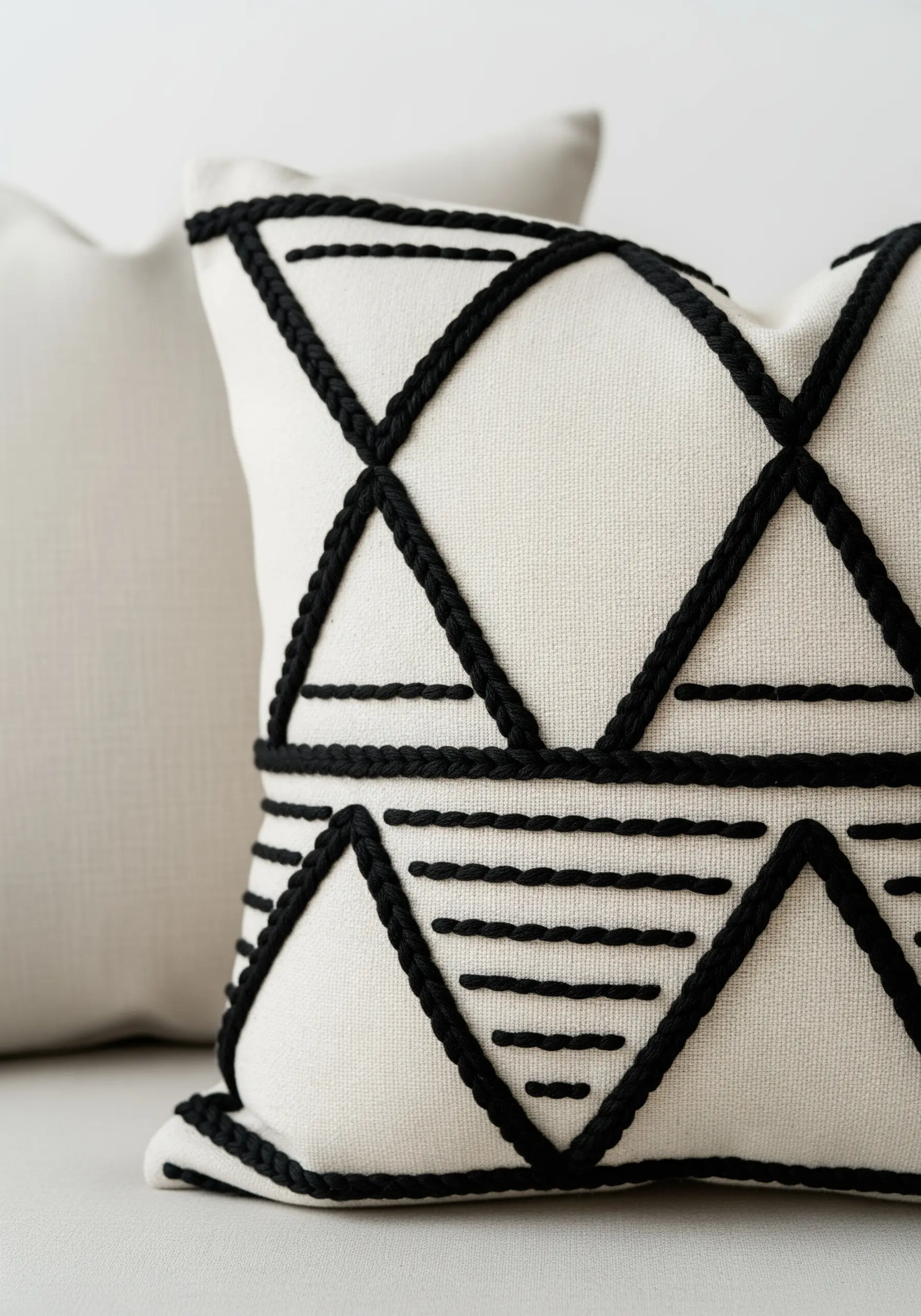 A close-up of a white pillow with a bold, raised geometric pattern made with black yarn.