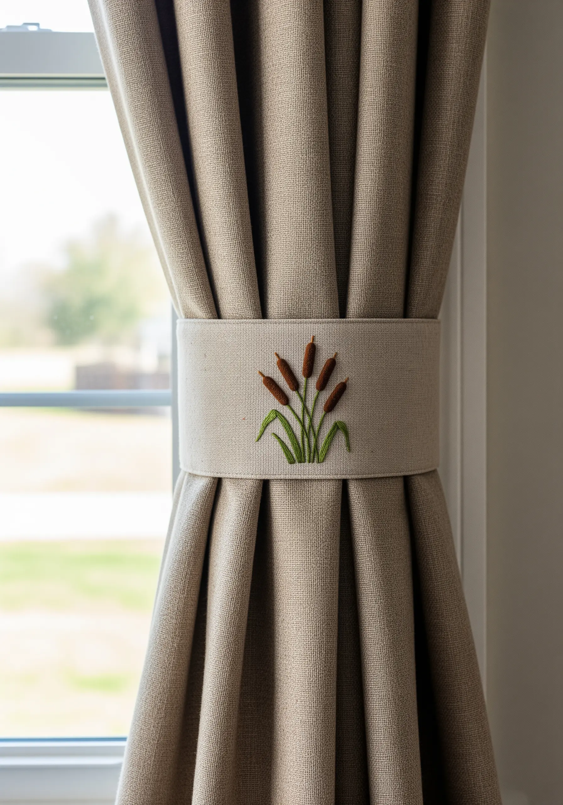 A neutral-colored curtain tie-back featuring an embroidered motif of cattails.