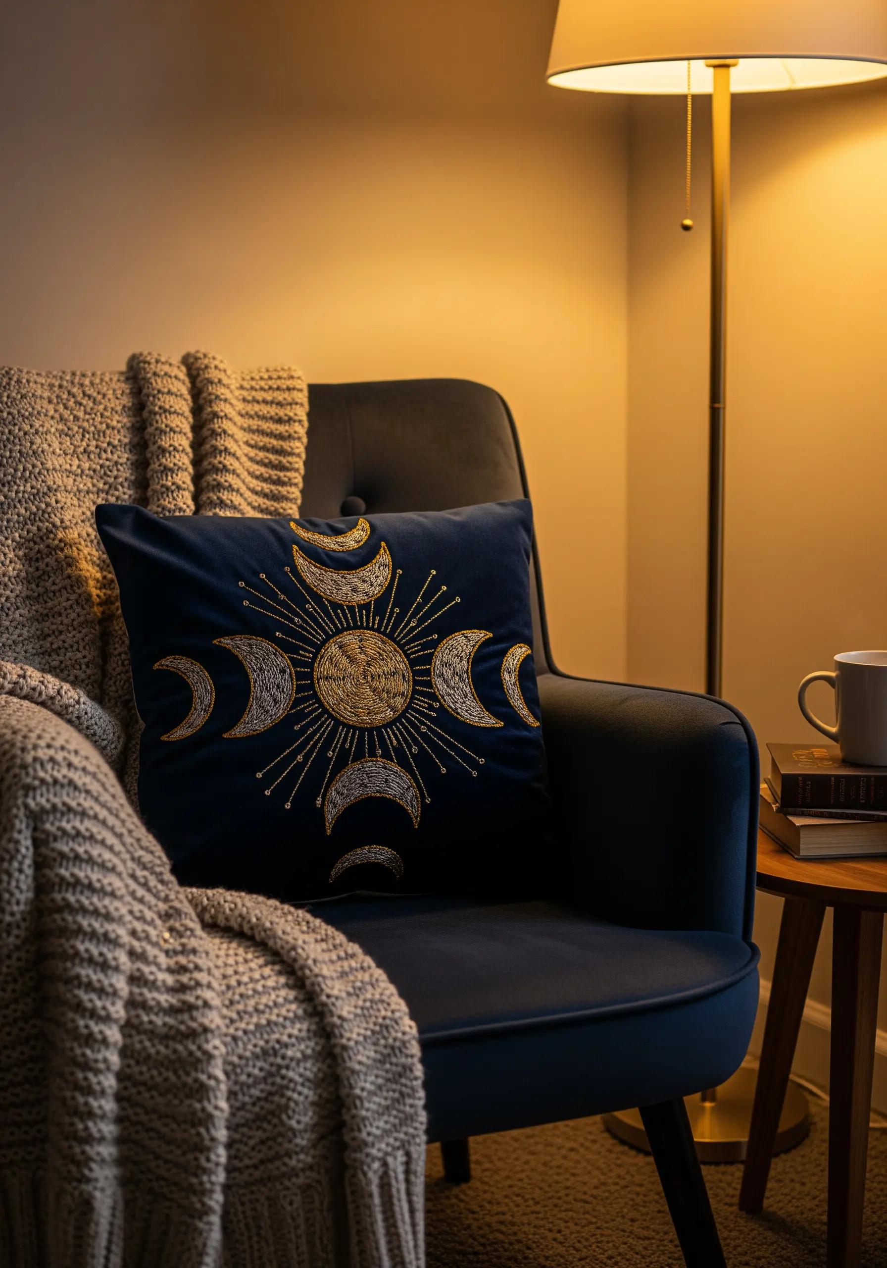 A celestial embroidery design with a gold metallic sun and moons on a dark blue velvet pillow.