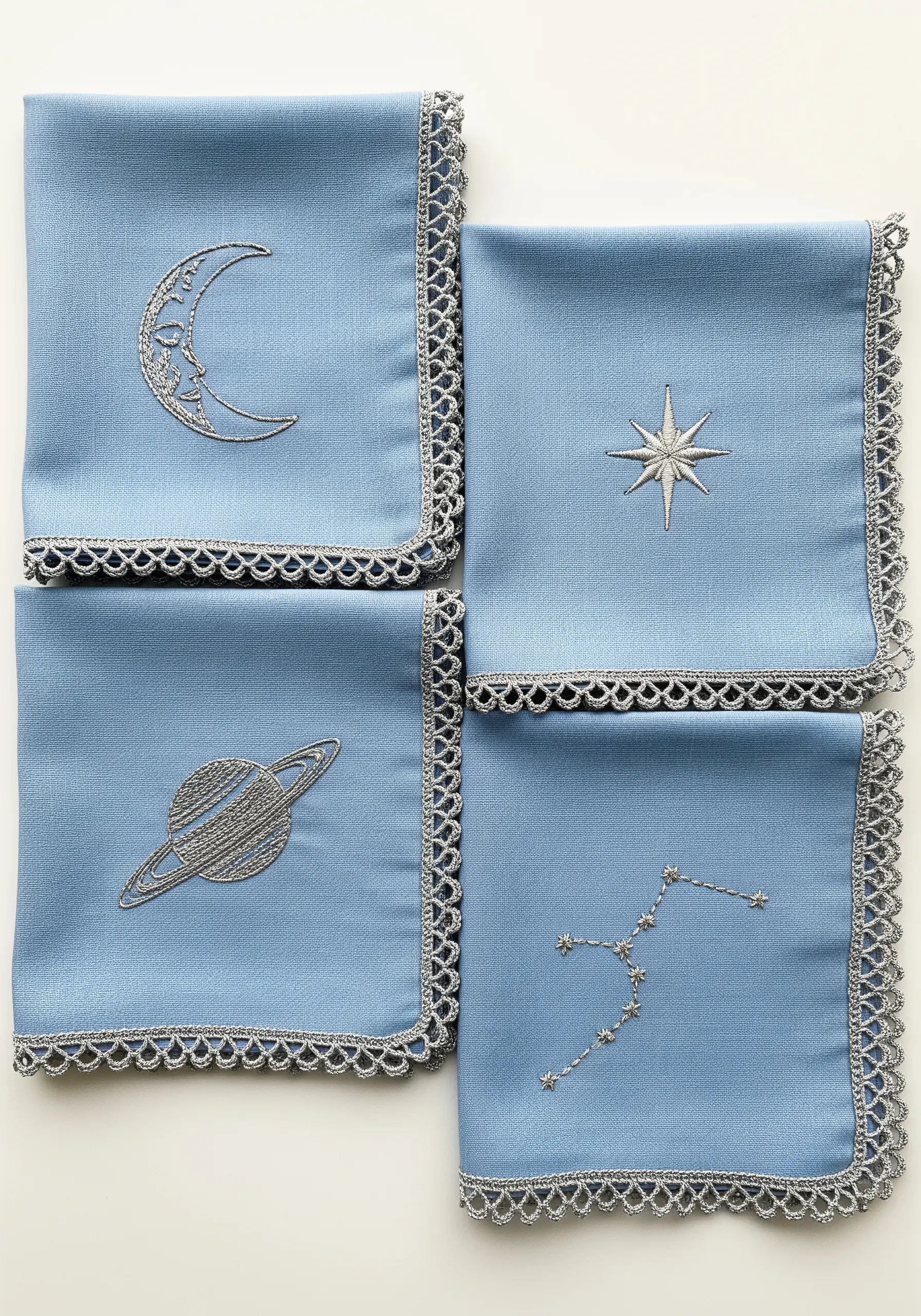 Four blue napkins with silver embroidered celestial designs: moon, star, planet, and constellation.