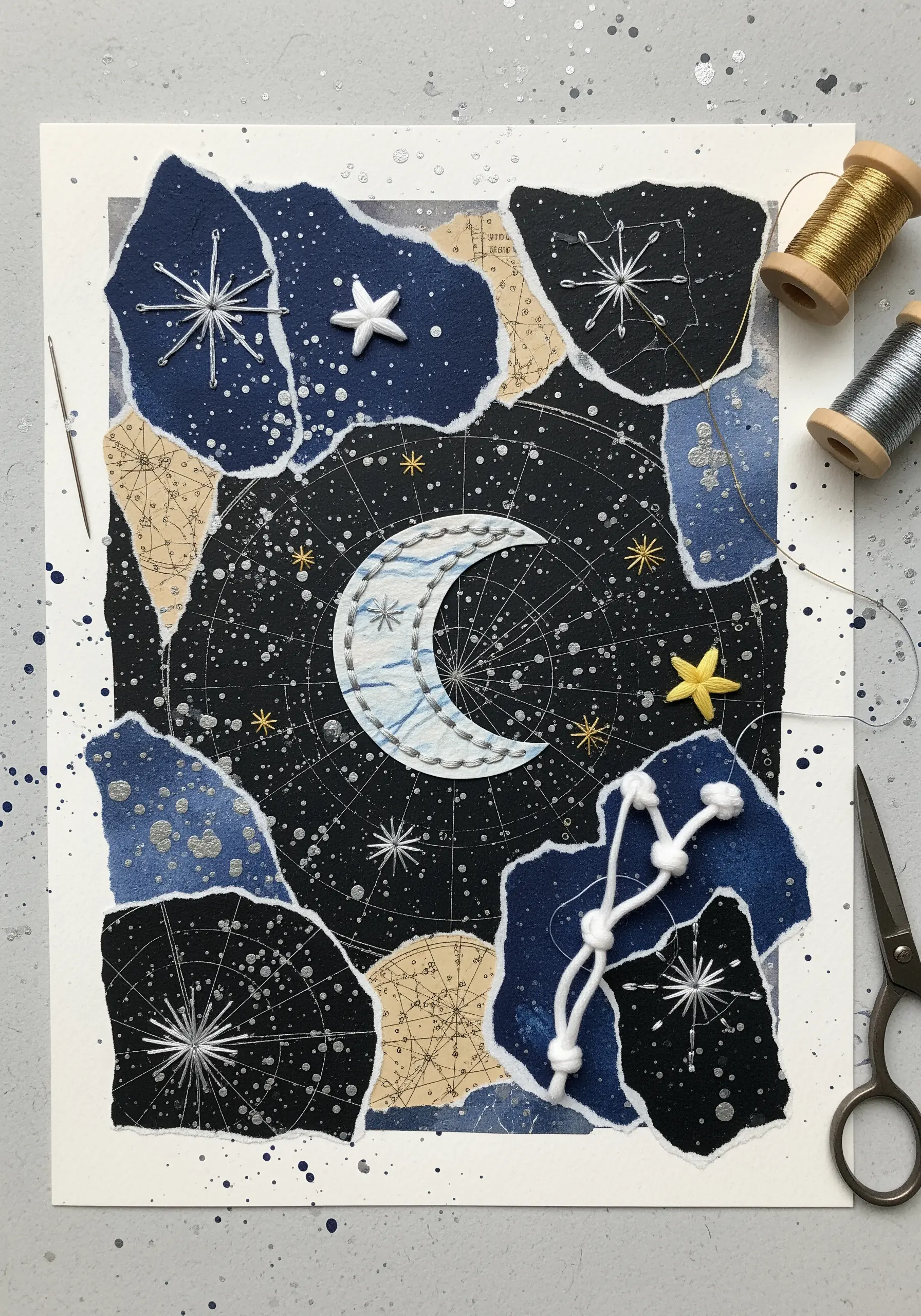 Celestial paper collage with embroidered stars and moon using metallic thread.