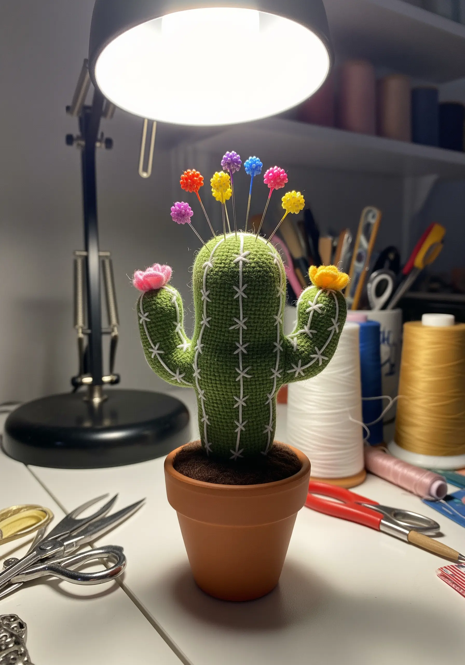 A green fabric cactus pincushion decorated with white stitches and colorful flower-topped pins.