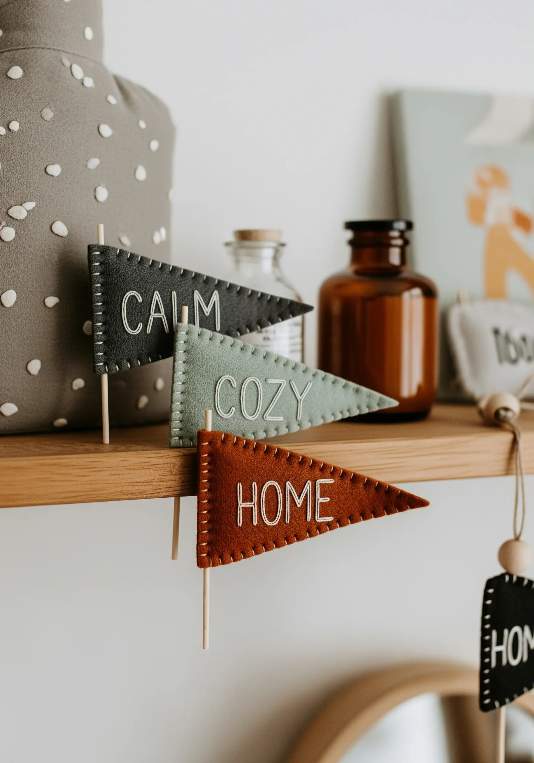 Three small felt pennant flags on a shelf with the words 'Calm,' 'Cozy,' and 'Home' stitched on them.
