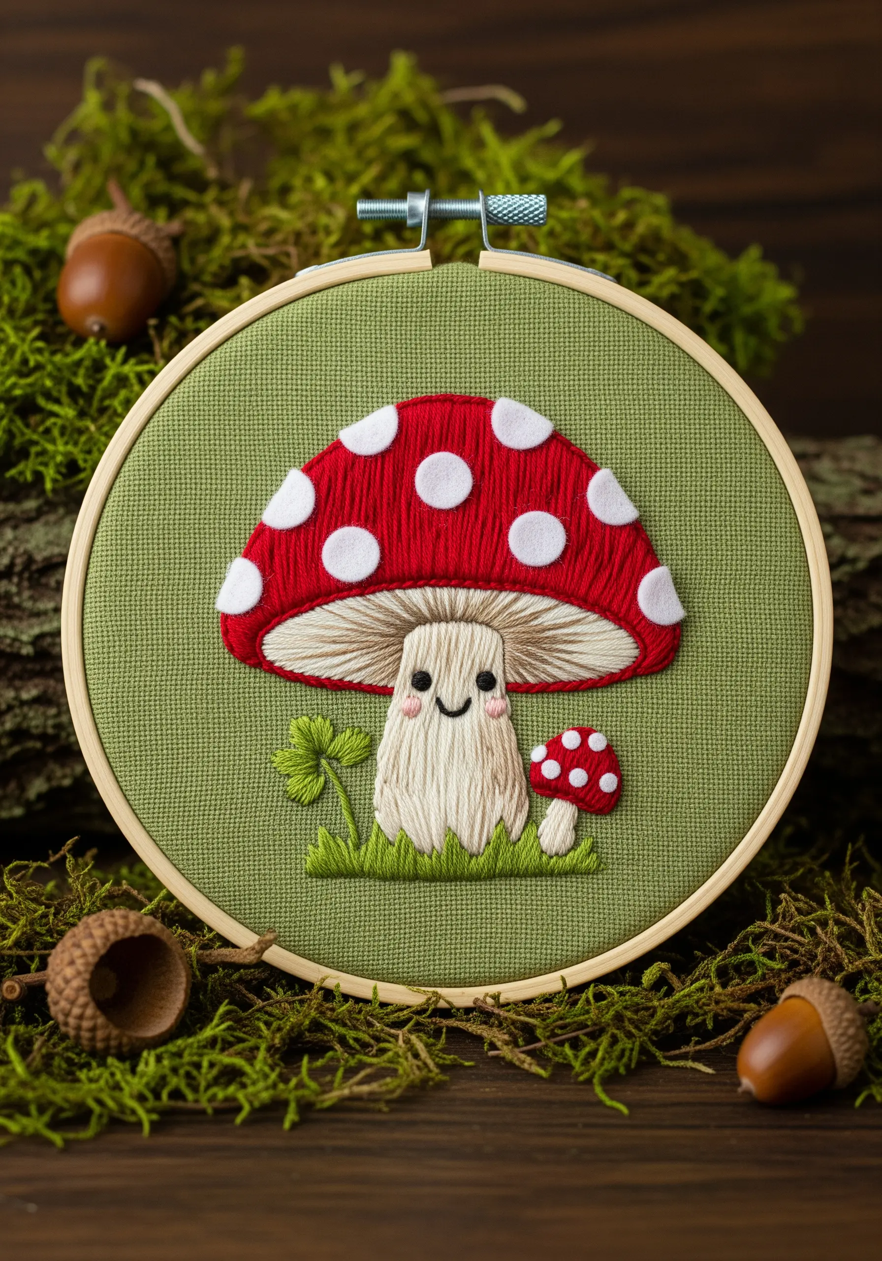 A cute embroidered mushroom with a smiling face stitched in simple black backstitch.
