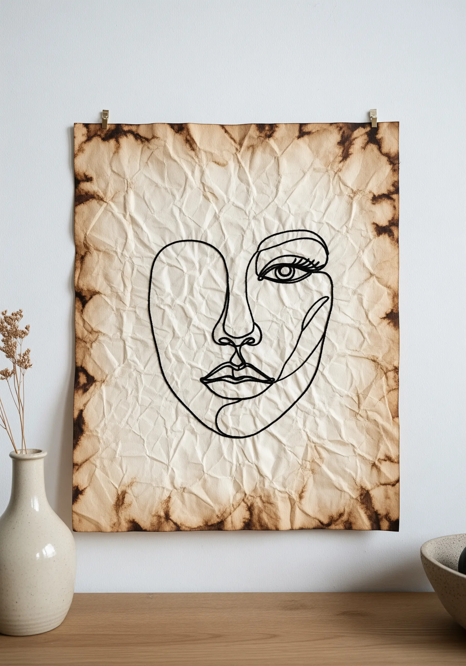 Single-line embroidered portrait stitched directly onto coffee-stained, crinkled paper.
