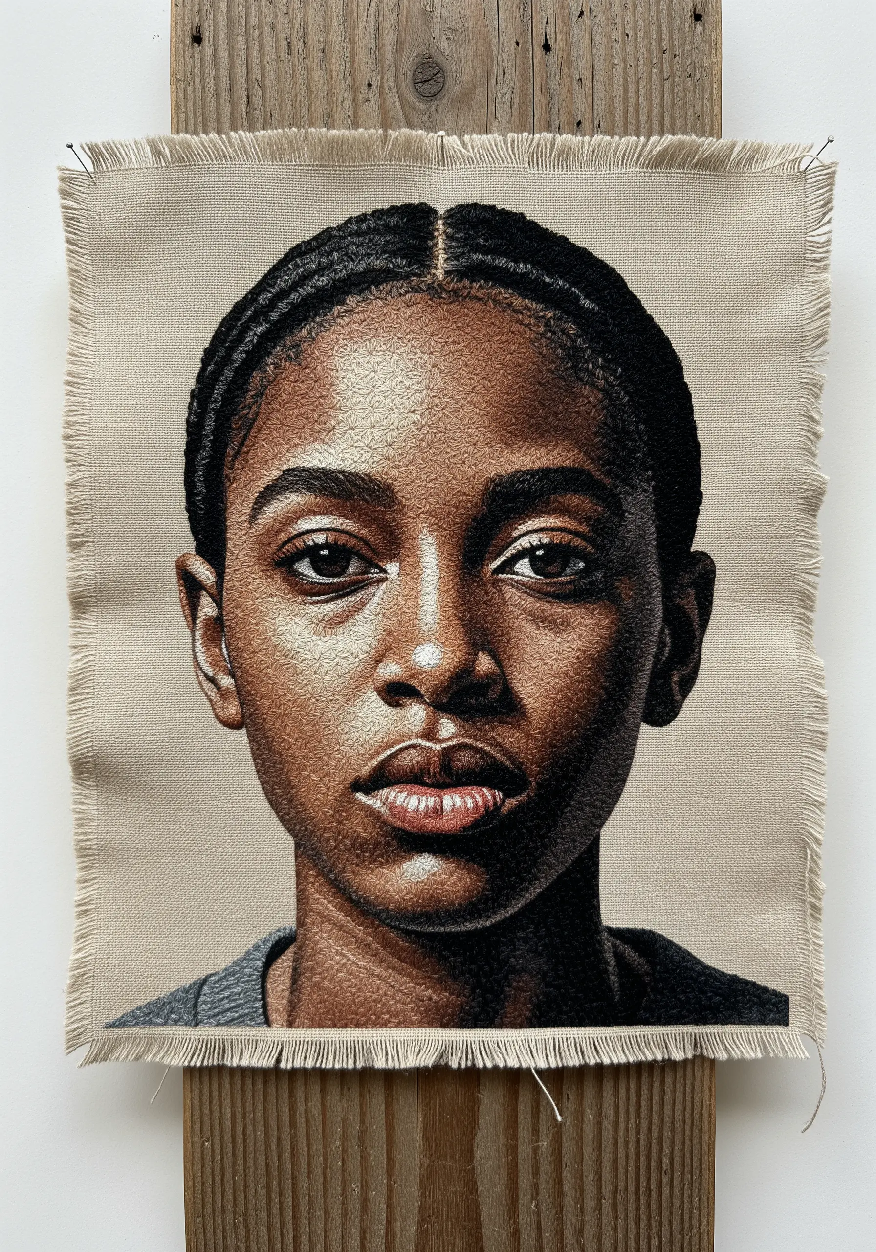 A realistic embroidered portrait on a piece of coarse, frayed-edge canvas.