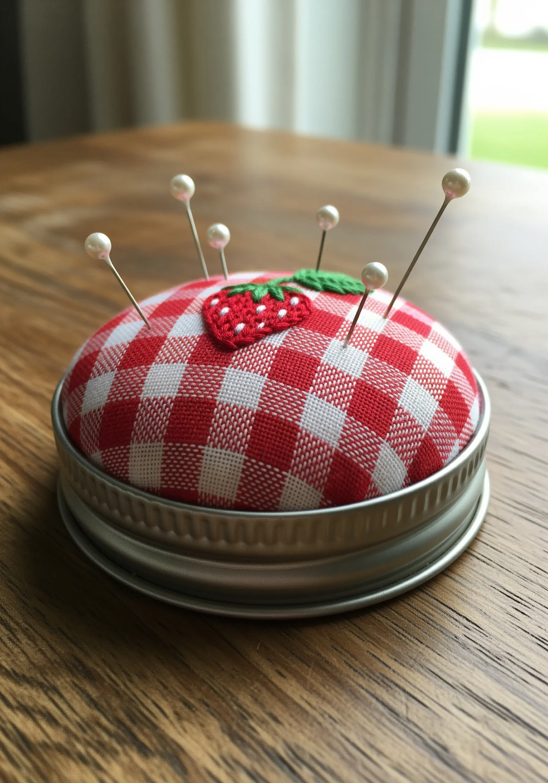 A gingham pincushion made from a jar lid, topped with a tiny embroidered strawberry.